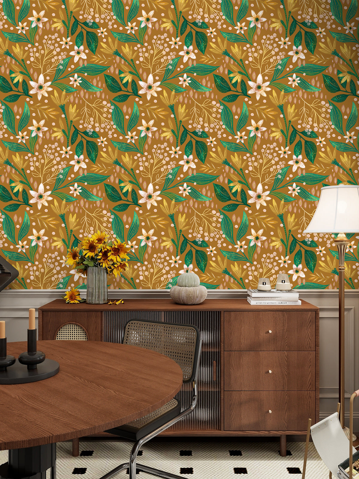 HaokHome Mustard Floral Wallpaper – Elegant White Flowers and Green Leaves on Warm Yellow Background