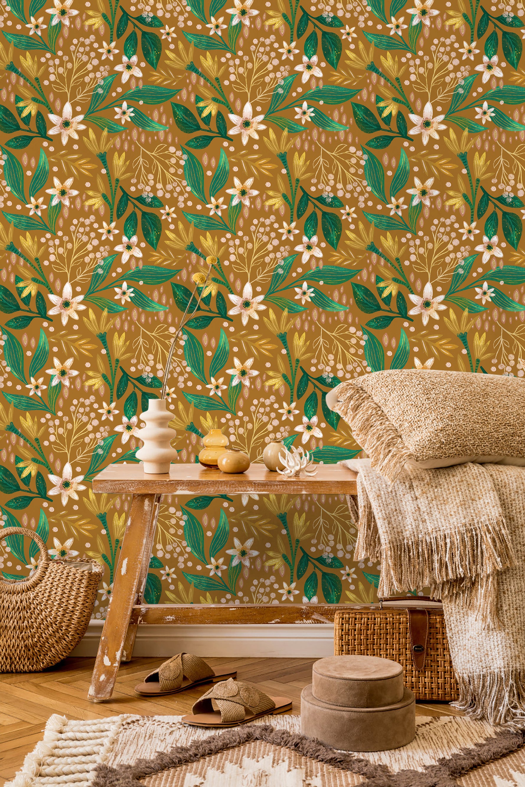 HaokHome Mustard Floral Wallpaper – Elegant White Flowers and Green Leaves on Warm Yellow Background