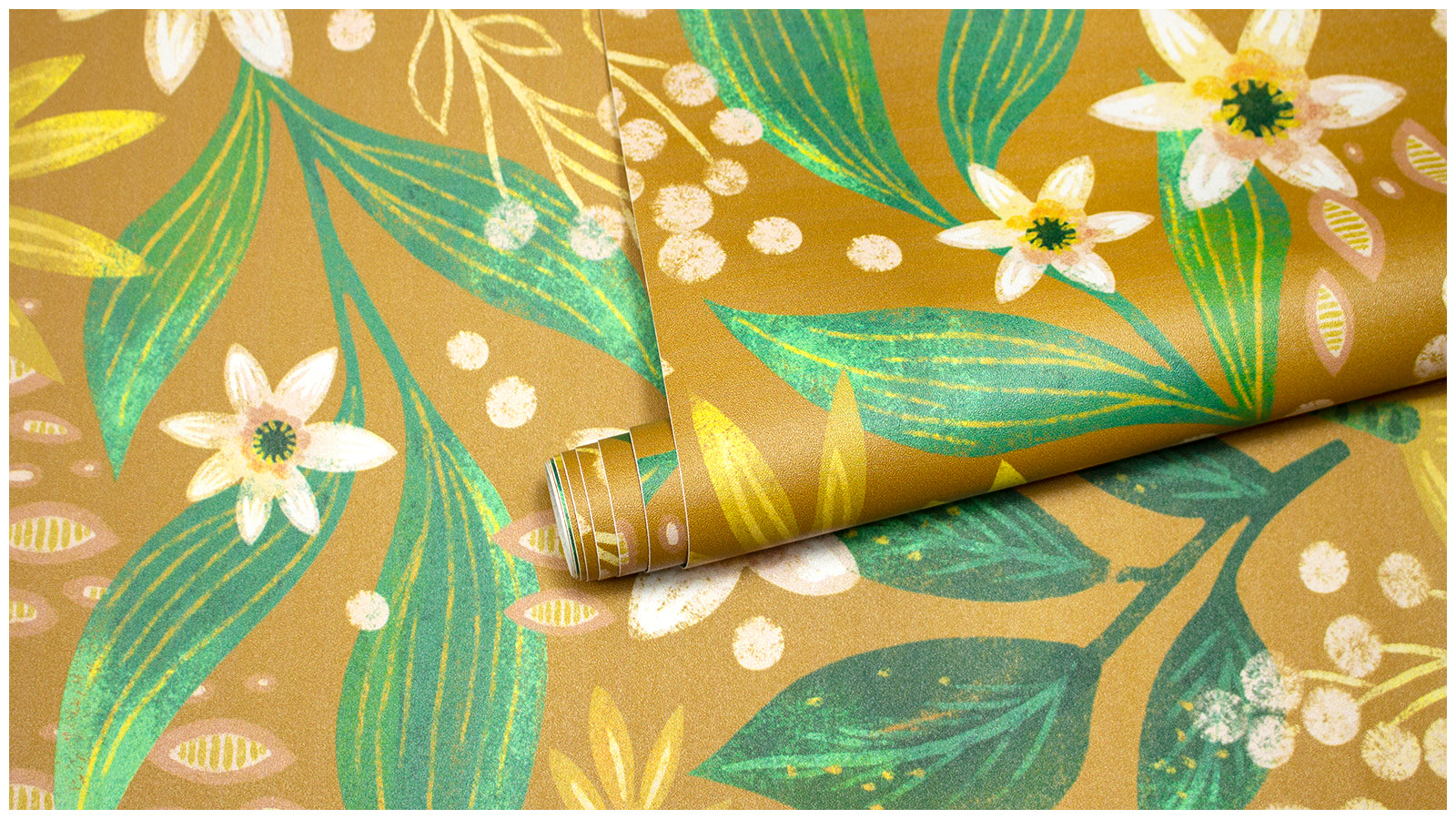 HaokHome Mustard Floral Wallpaper – Elegant White Flowers and Green Leaves on Warm Yellow Background