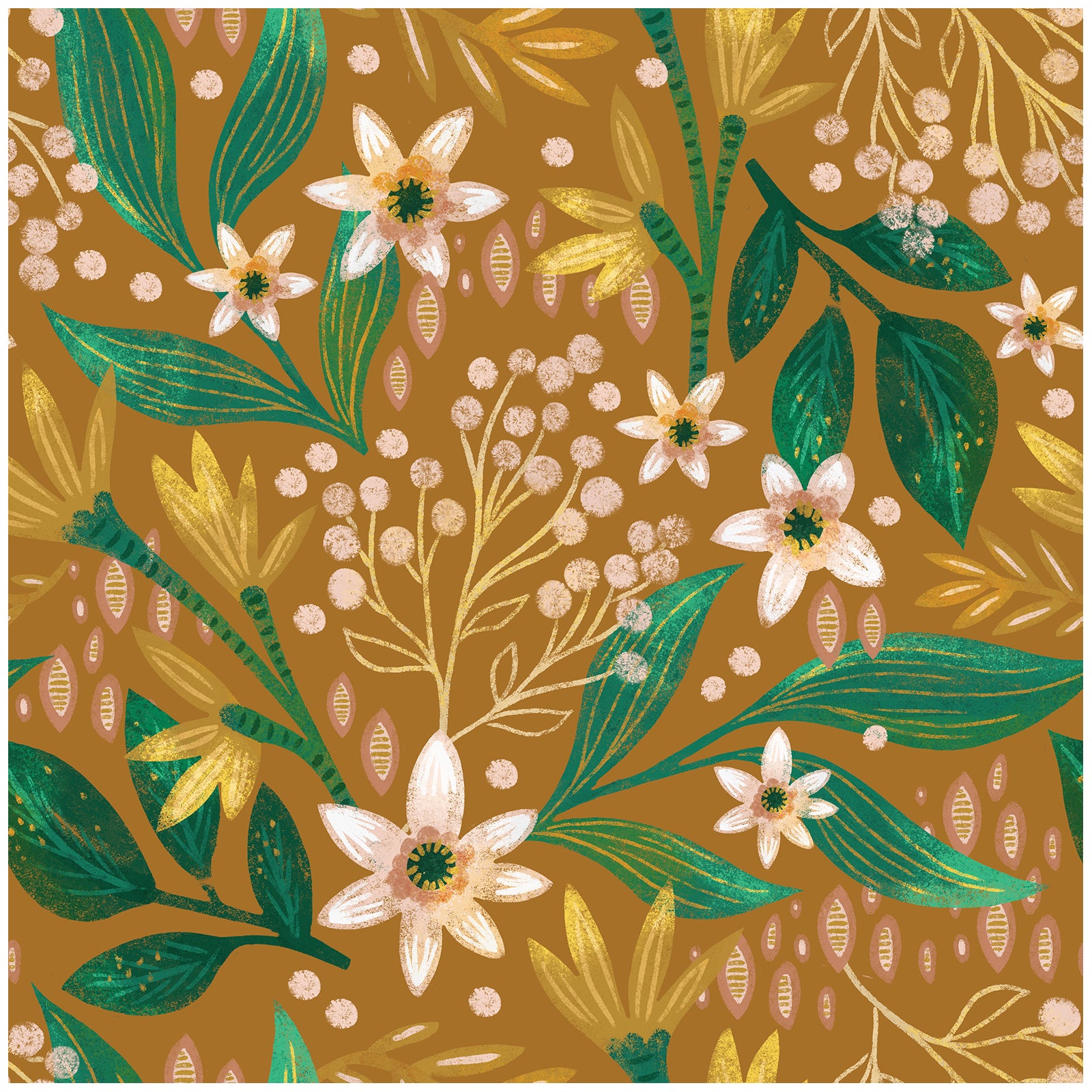 HaokHome Mustard Floral Wallpaper – Elegant White Flowers and Green Leaves on Warm Yellow Background