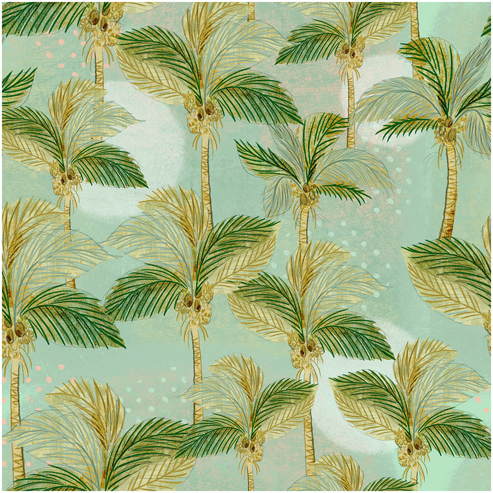 HaokHome Palm Tree Wallpaper – Tropical Green Palm Leaves on Soft Blue Background for Living Room & Bedroom