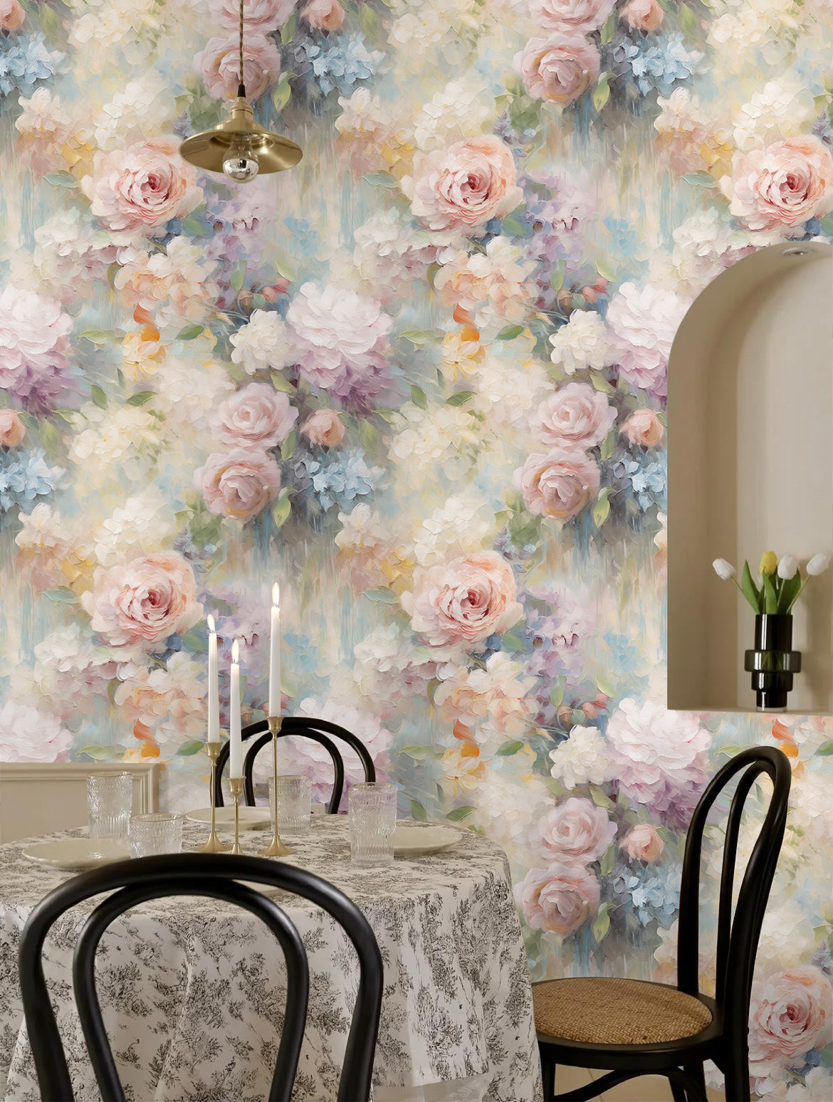 HaokHome Pastel Floral Oil Painting Wallpaper Romantic and Elegant Wall Art