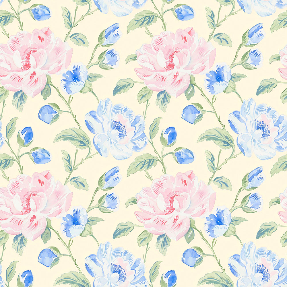 HaokHome Pastel Floral Wallpaper Soft Pink and Blue Blooms on Light Cream Background