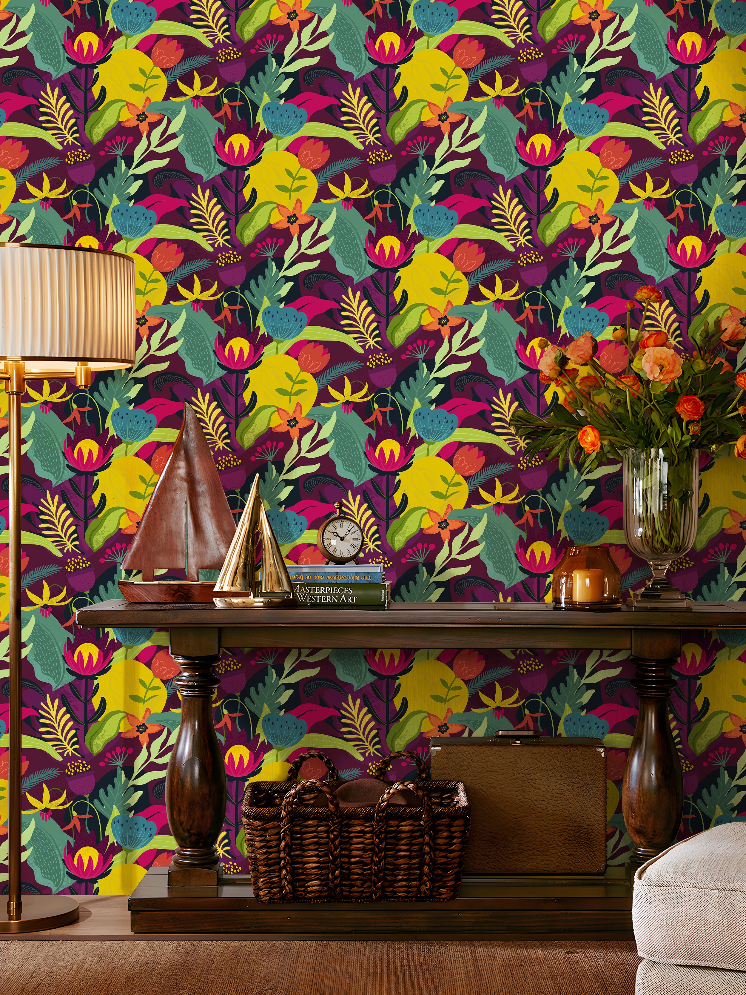 HaokHome Peel and Stick Bold Tropical Floral Wallpaper Purple Red Jungle Leaves Removable Wall Mural Vibrant Colorful Botanical Decor for Living Room Bedroom