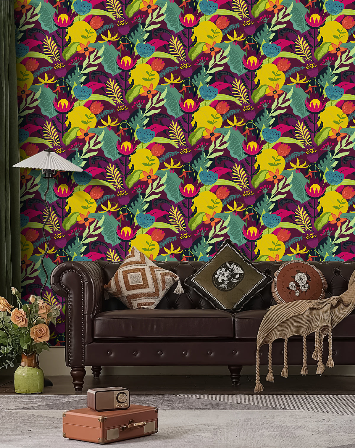 HaokHome Peel and Stick Bold Tropical Floral Wallpaper Purple Red Jungle Leaves Removable Wall Mural Vibrant Colorful Botanical Decor for Living Room Bedroom