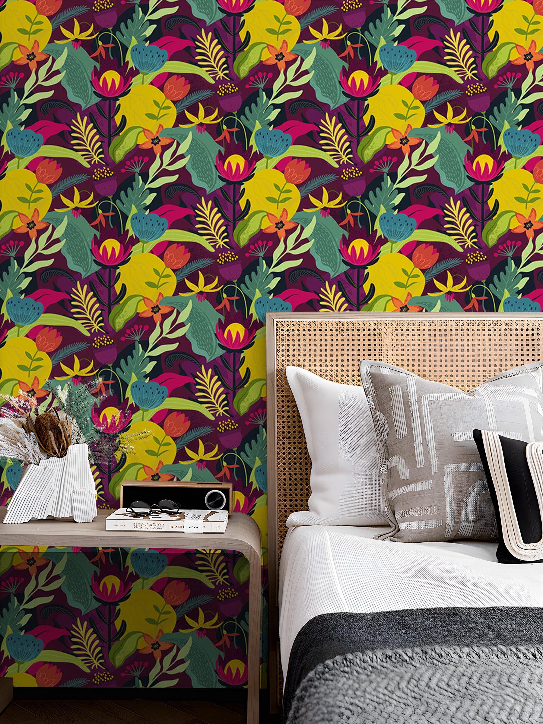 HaokHome Peel and Stick Bold Tropical Floral Wallpaper Purple Red Jungle Leaves Removable Wall Mural Vibrant Colorful Botanical Decor for Living Room Bedroom