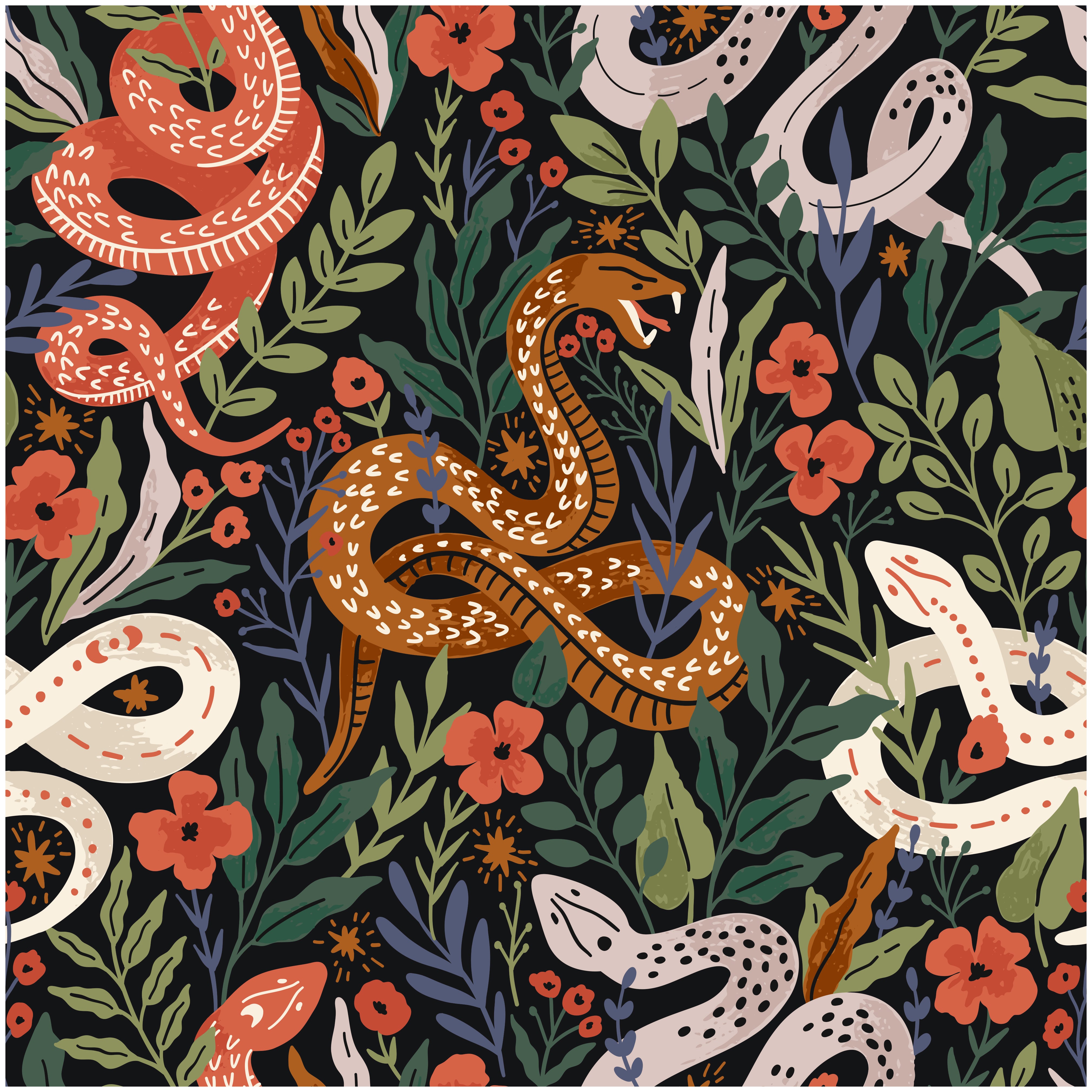 HaokHome Peel and Stick Botanical Snake Floral Wallpaper Black Green Red Wall Mural Removable Wall Decor for Bedroom Living Room