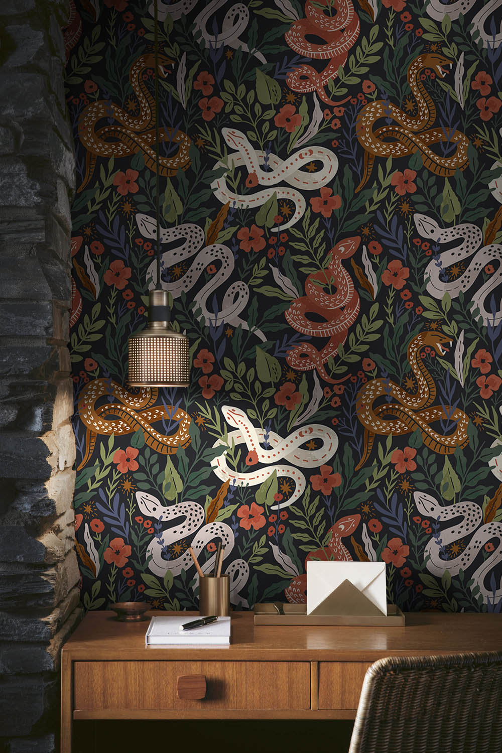 HaokHome Peel and Stick Botanical Snake Floral Wallpaper Black Green Red Wall Mural Removable Wall Decor for Bedroom Living Room