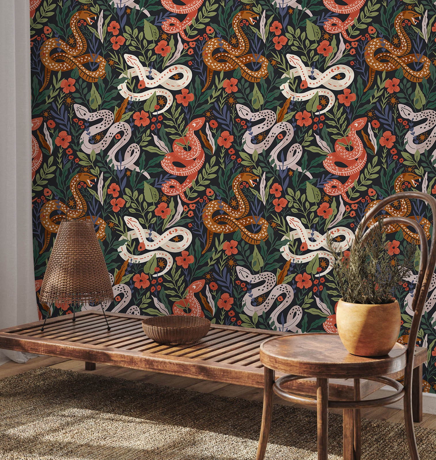 HaokHome Peel and Stick Botanical Snake Floral Wallpaper Black Green Red Wall Mural Removable Wall Decor for Bedroom Living Room