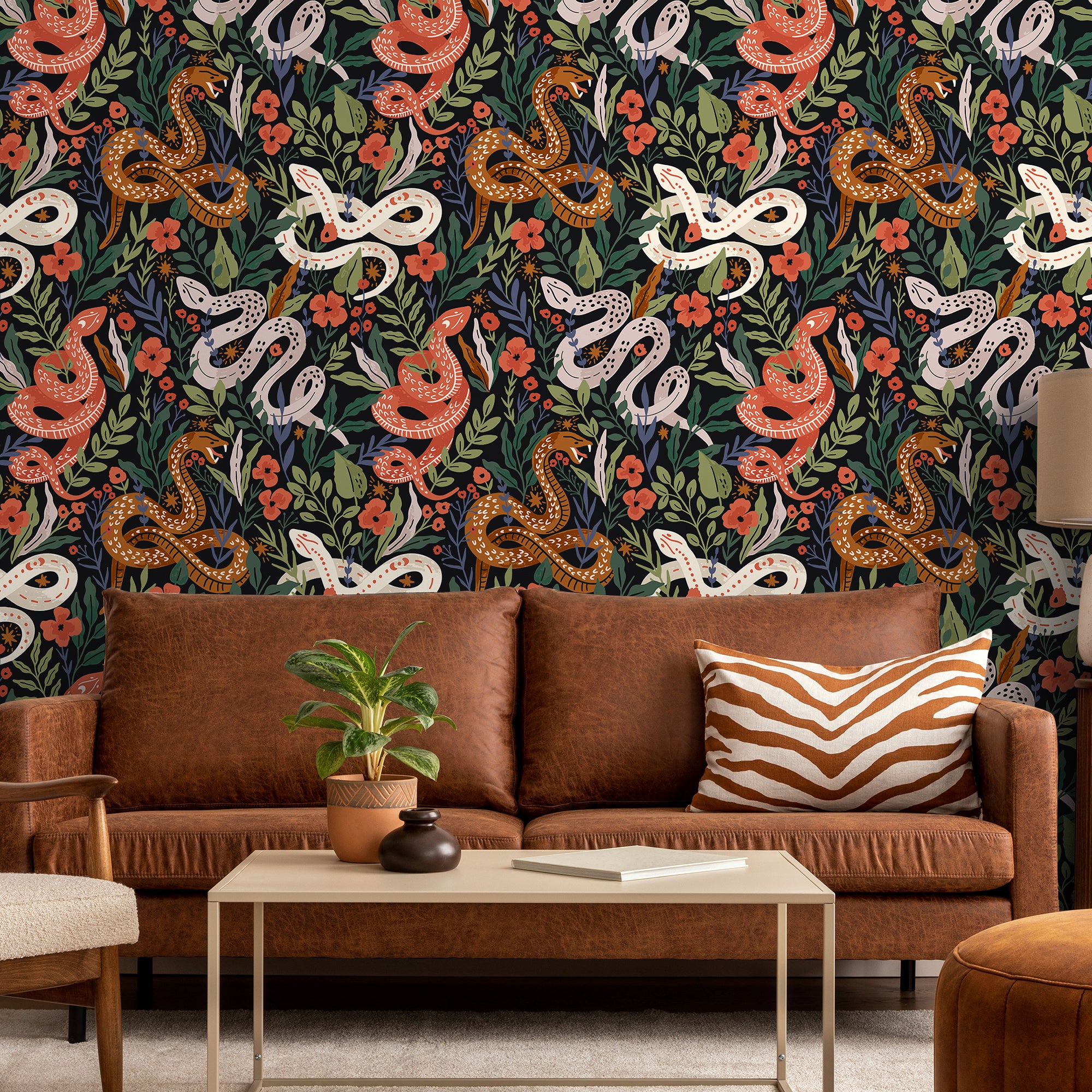 HaokHome Peel and Stick Botanical Snake Floral Wallpaper Black Green Red Wall Mural Removable Wall Decor for Bedroom Living Room