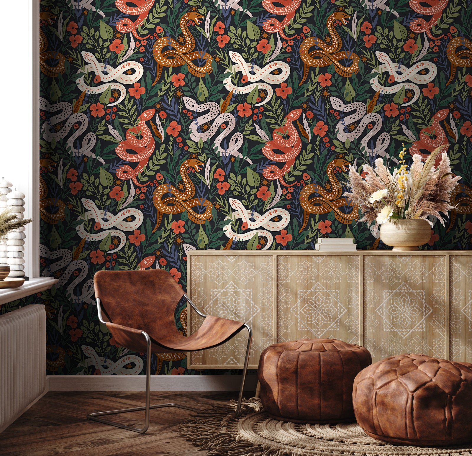 HaokHome Peel and Stick Botanical Snake Floral Wallpaper Black Green Red Wall Mural Removable Wall Decor for Bedroom Living Room