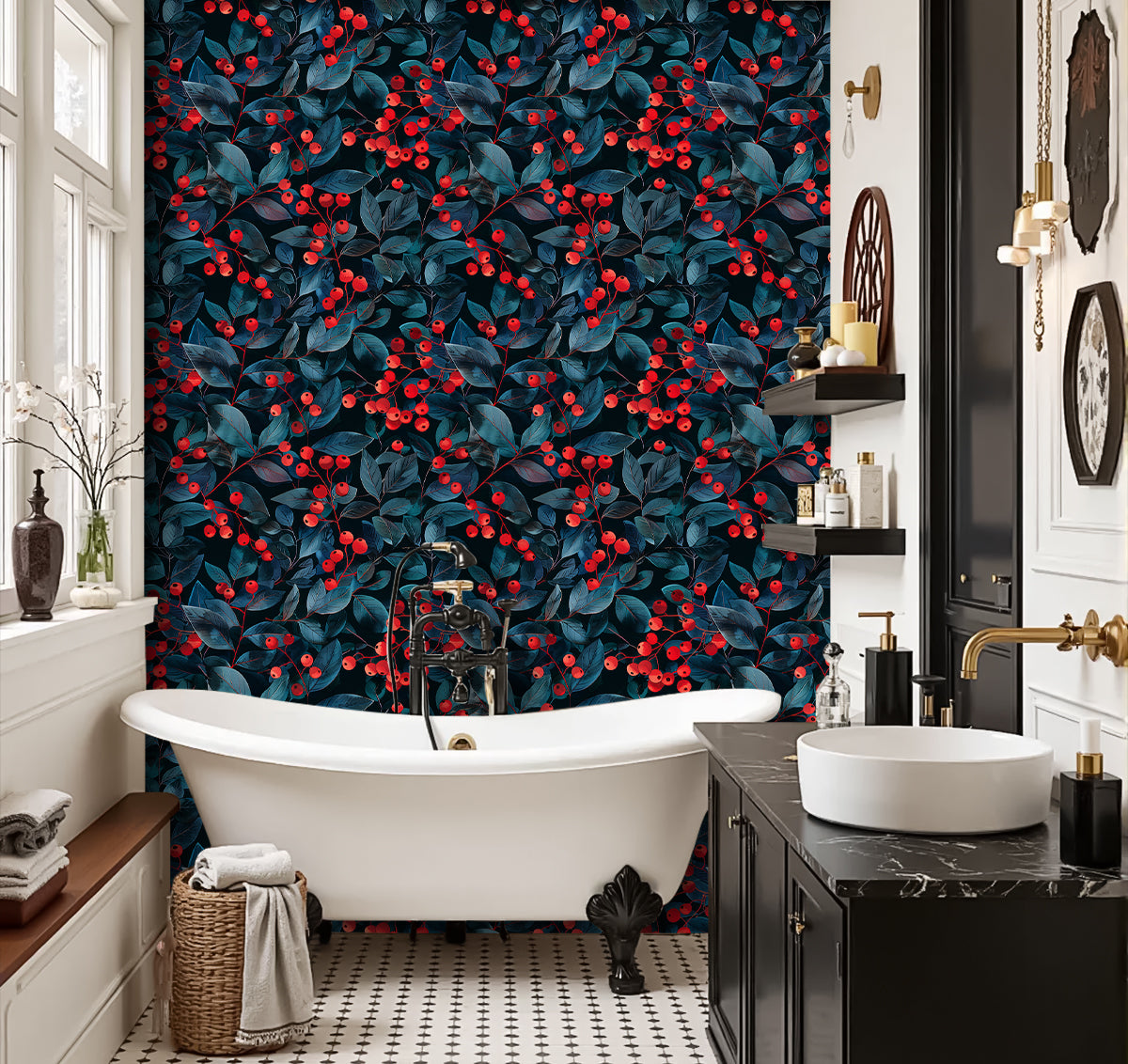 HaokHome Peel and Stick Dark Botanical Berry Wallpaper – Red Fruit and Blue Leaf Removable Wall Mural for Kitchen, Dining Room or Accent Walls