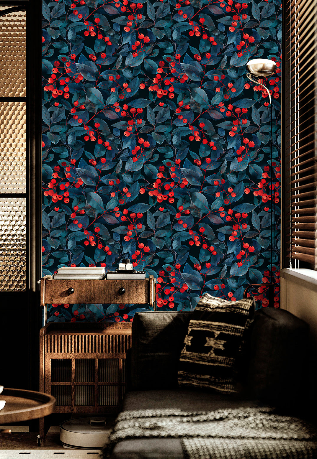 HaokHome Peel and Stick Dark Botanical Berry Wallpaper – Red Fruit and Blue Leaf Removable Wall Mural for Kitchen, Dining Room or Accent Walls