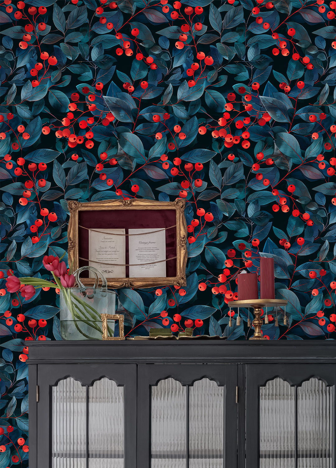 HaokHome Peel and Stick Dark Botanical Berry Wallpaper – Red Fruit and Blue Leaf Removable Wall Mural for Kitchen, Dining Room or Accent Walls