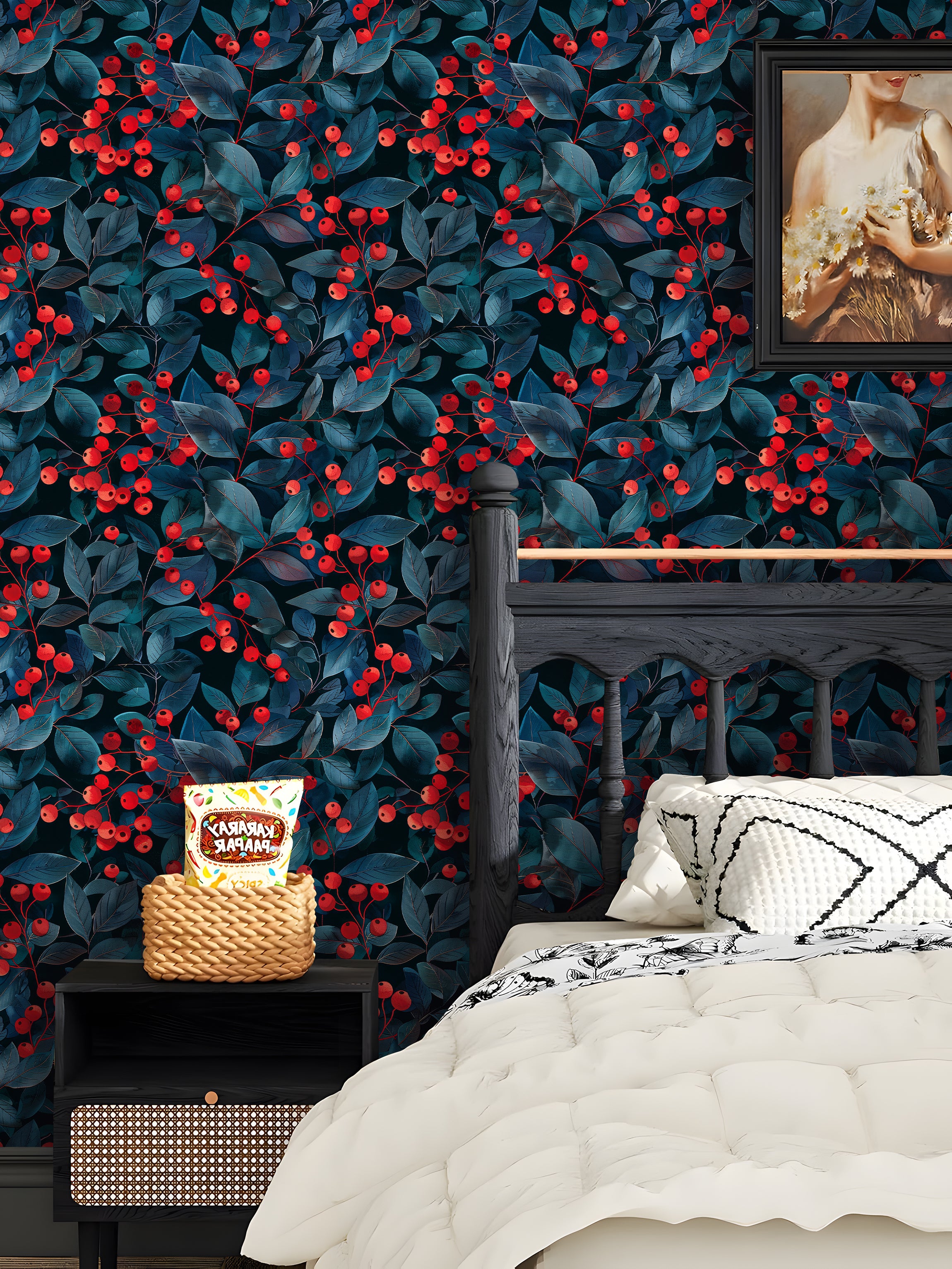 HaokHome Peel and Stick Dark Botanical Berry Wallpaper – Red Fruit and Blue Leaf Removable Wall Mural for Kitchen, Dining Room or Accent Walls