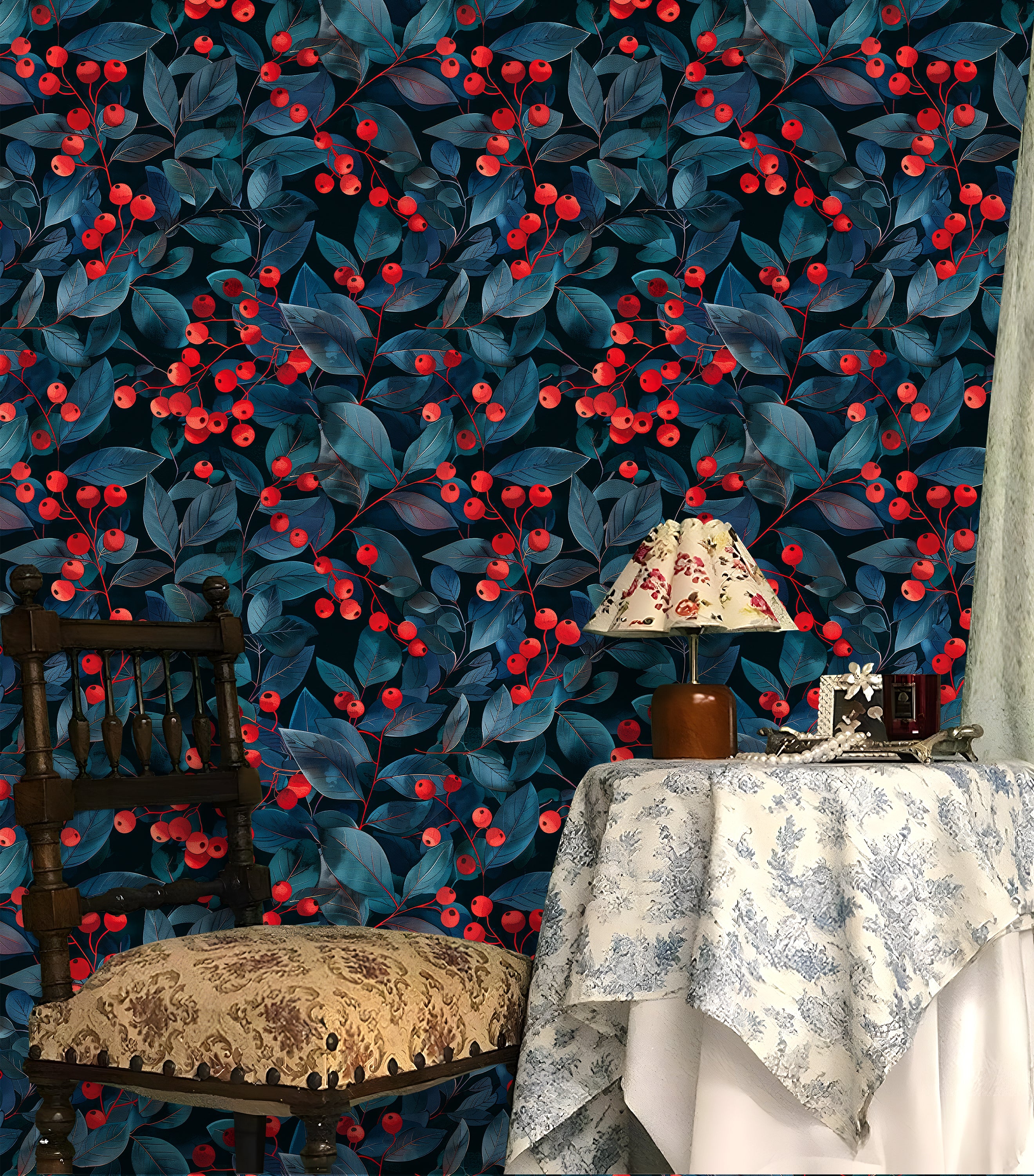 HaokHome Peel and Stick Dark Botanical Berry Wallpaper – Red Fruit and Blue Leaf Removable Wall Mural for Kitchen, Dining Room or Accent Walls