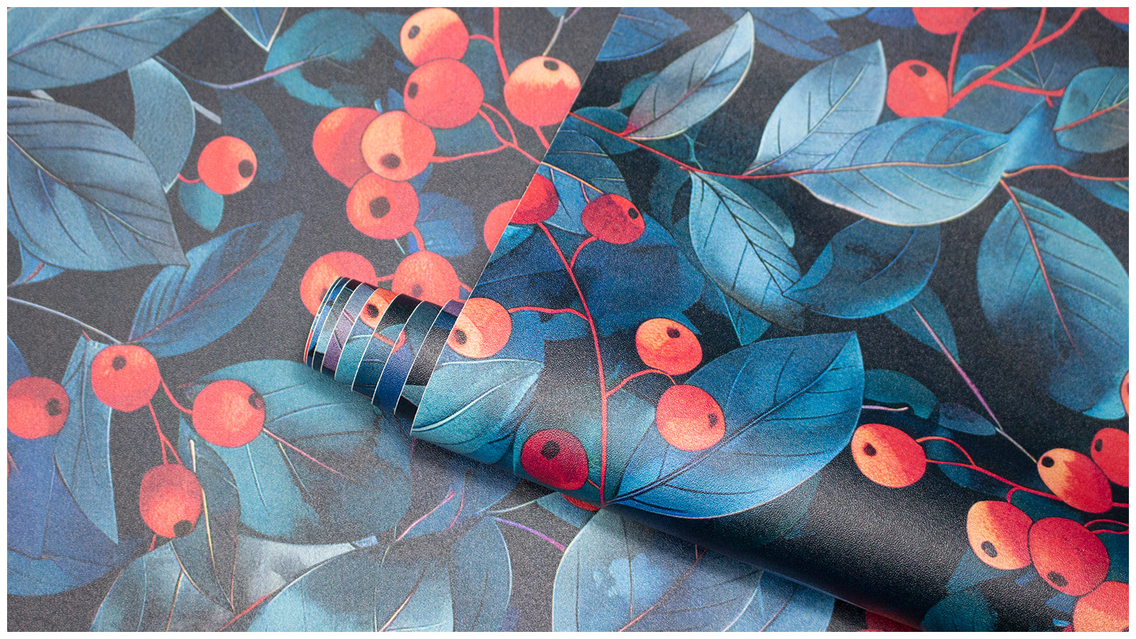 HaokHome Peel and Stick Dark Botanical Berry Wallpaper – Red Fruit and Blue Leaf Removable Wall Mural for Kitchen, Dining Room or Accent Walls