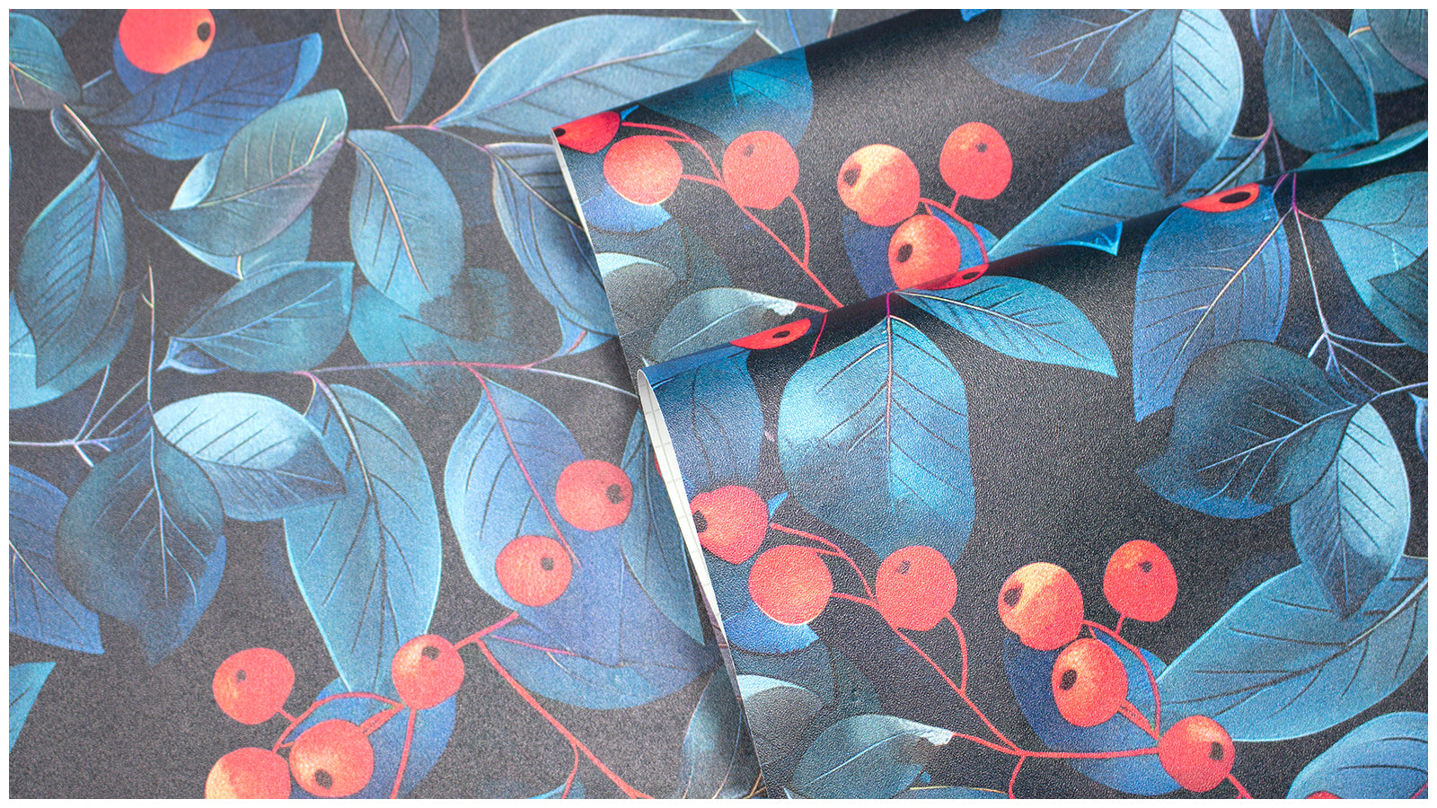 HaokHome Peel and Stick Dark Botanical Berry Wallpaper – Red Fruit and Blue Leaf Removable Wall Mural for Kitchen, Dining Room or Accent Walls