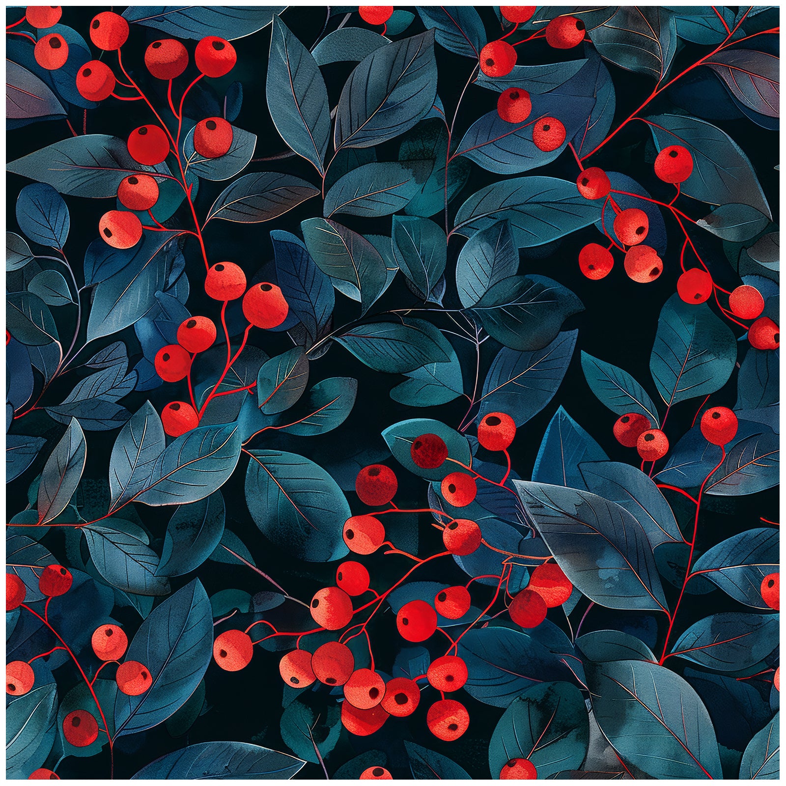 HaokHome Peel and Stick Dark Botanical Berry Wallpaper – Red Fruit and Blue Leaf Removable Wall Mural for Kitchen, Dining Room or Accent Walls