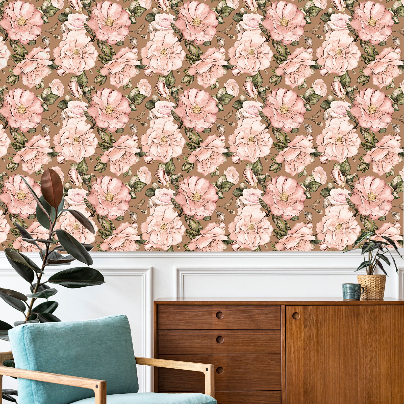 HaokHome Peel and Stick Floral Wallpaper Vintage Pink/Brown/Green Retro Wall Decor