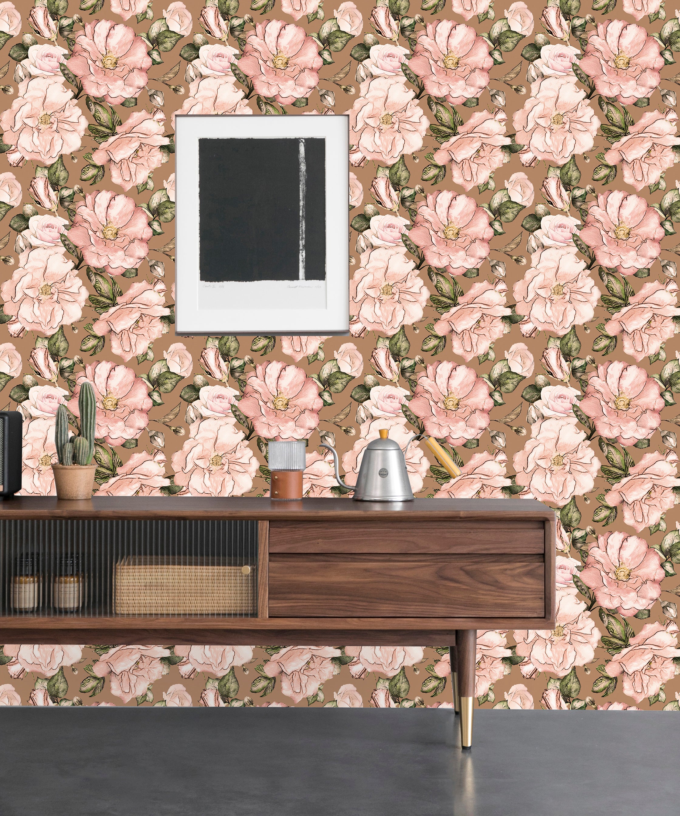 HaokHome Peel and Stick Floral Wallpaper Vintage Pink/Brown/Green Retro Wall Decor