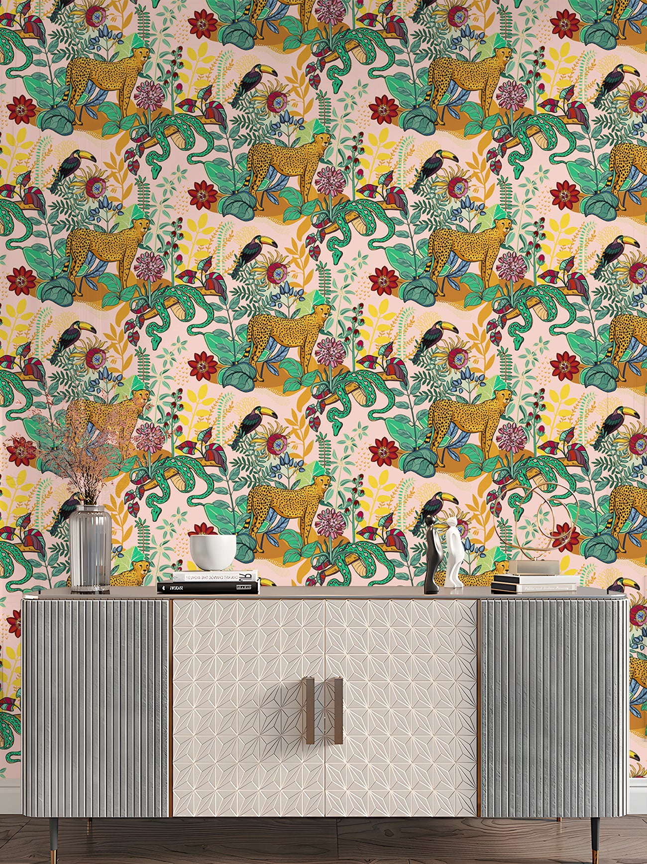 HaokHome Peel and Stick Jungle Safari Wallpaper Tropical Cheetah, Toucan & Snake Mural with Exotic Floral Pattern