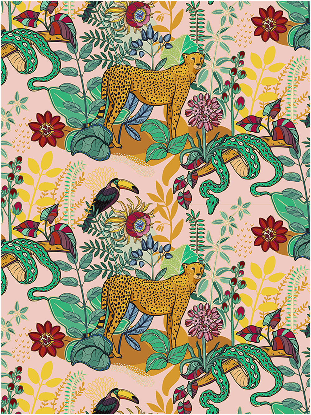 HaokHome Peel and Stick Jungle Safari Wallpaper Tropical Cheetah, Toucan & Snake Mural with Exotic Floral Pattern