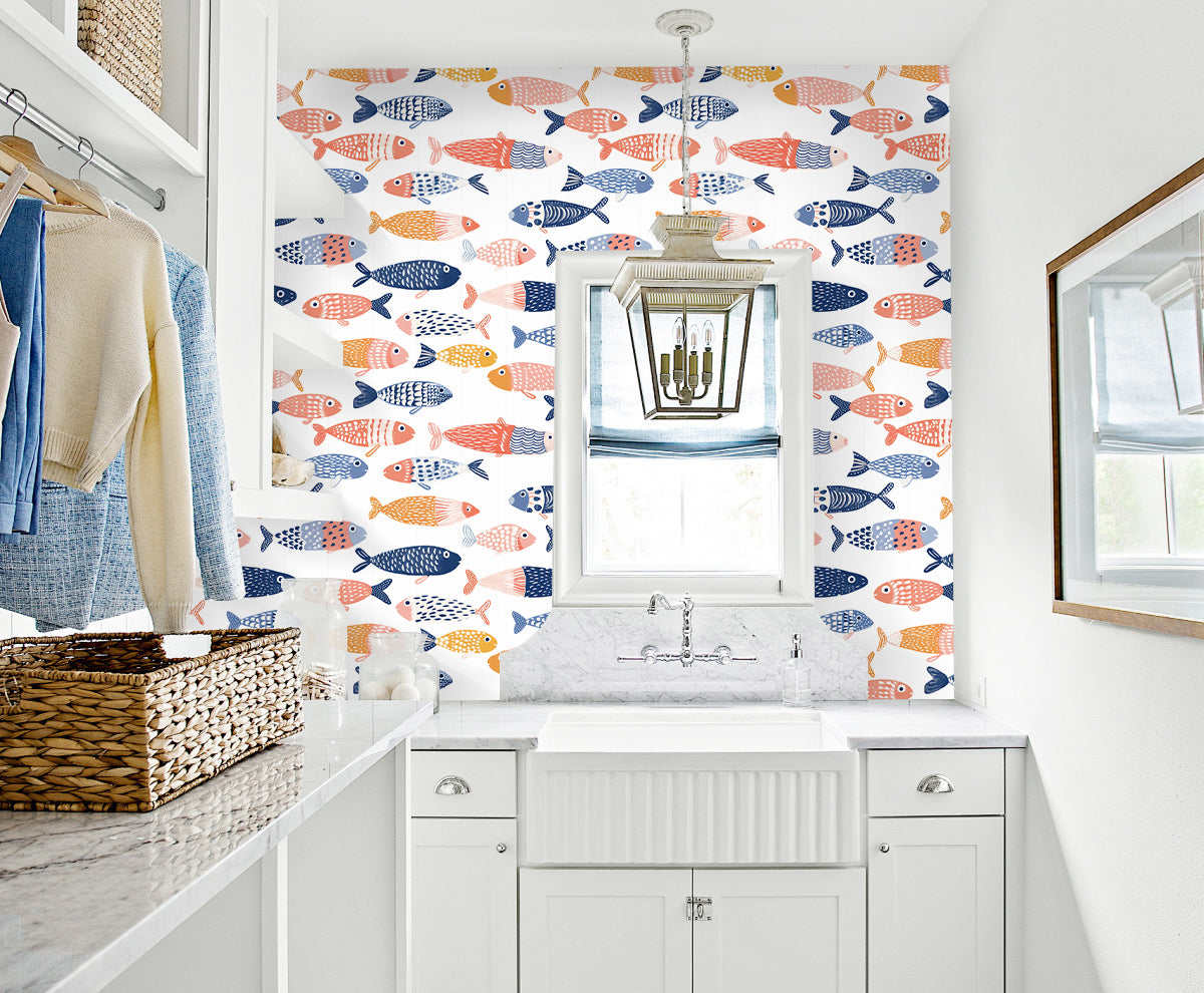 HaokHome Peel and Stick Nautical Fish Wallpaper Removable Ocean Theme Wall Decor for Kids Room and Bathroom