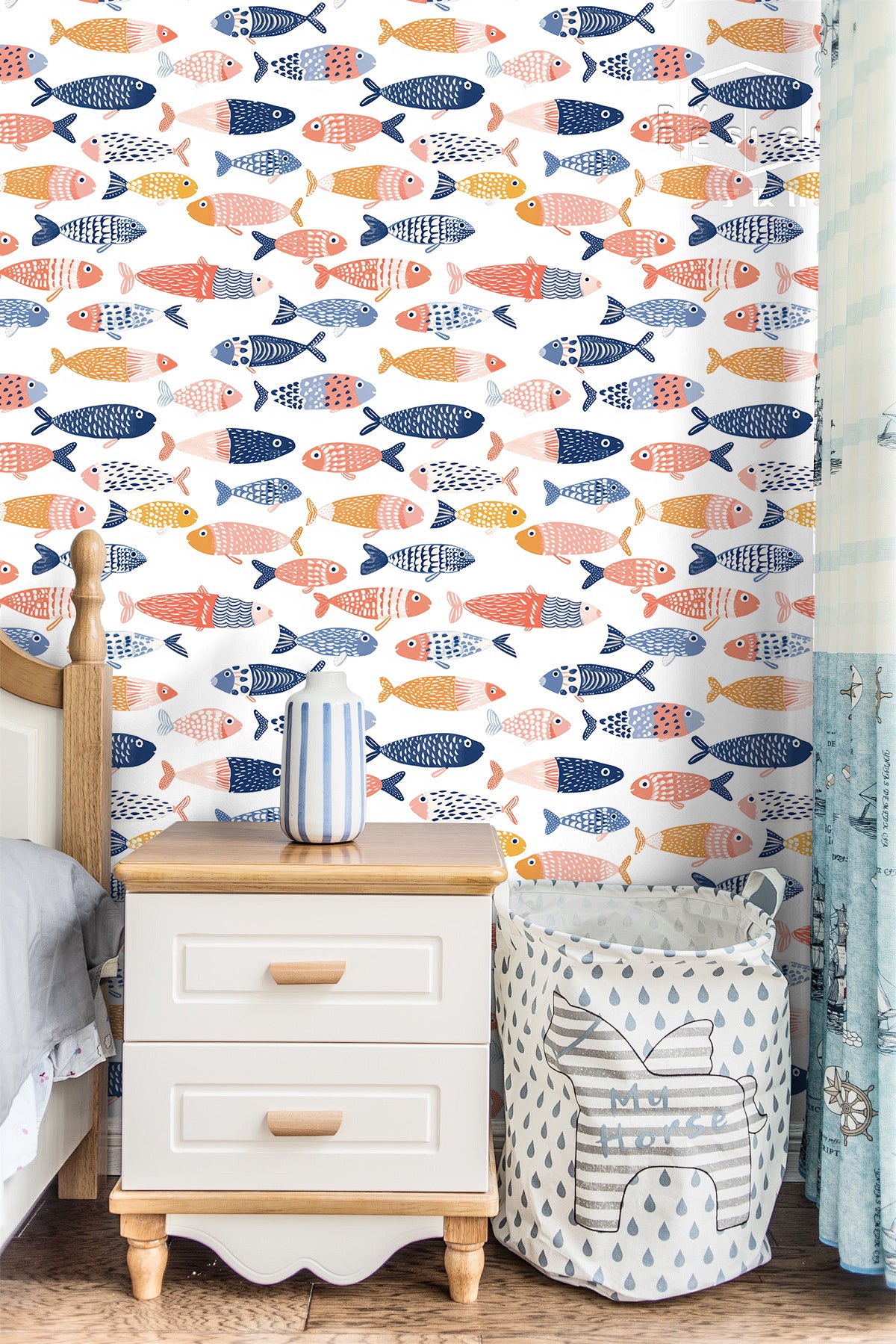 HaokHome Peel and Stick Nautical Fish Wallpaper Removable Ocean Theme Wall Decor for Kids Room and Bathroom
