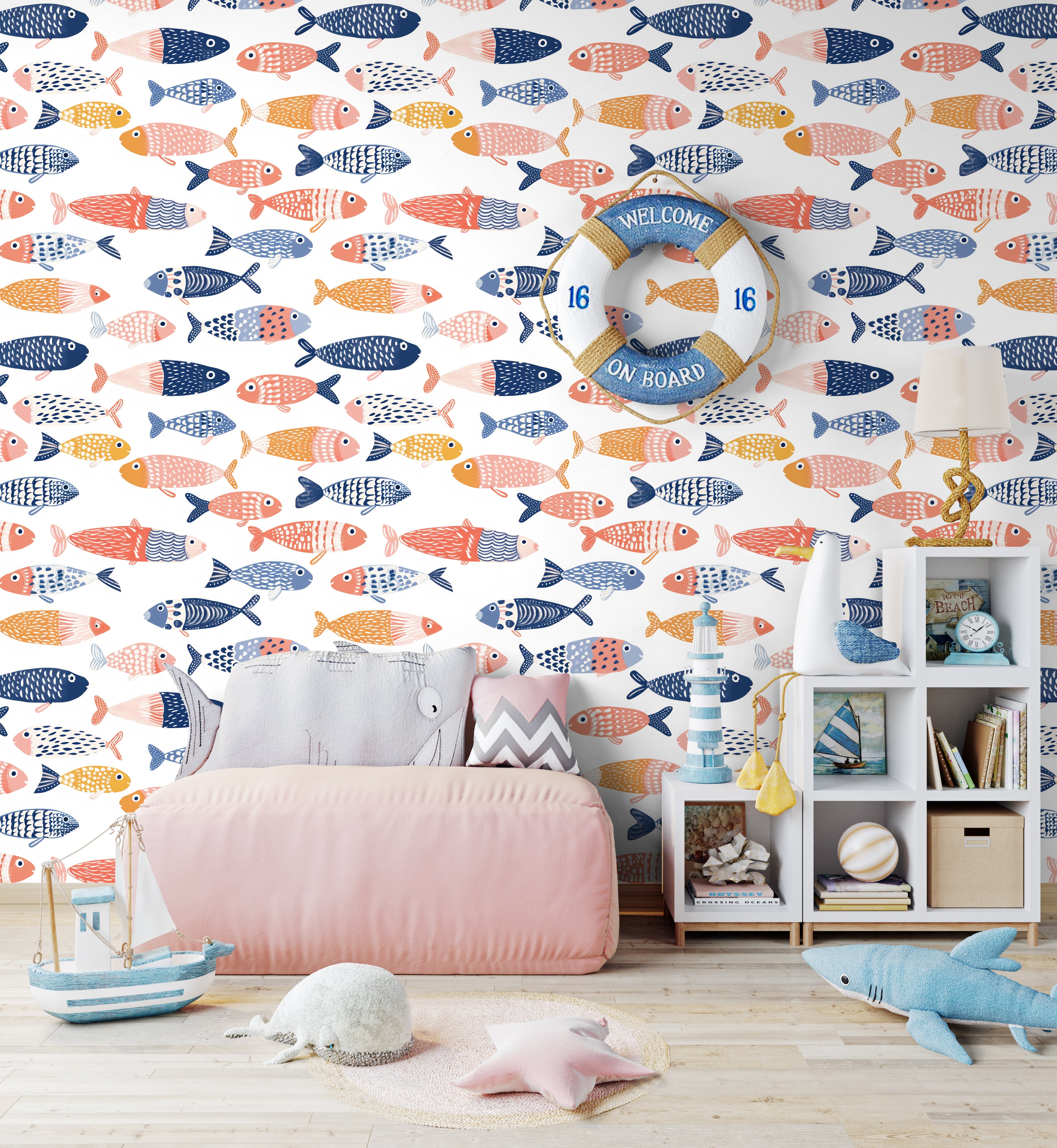 HaokHome Peel and Stick Nautical Fish Wallpaper Removable Ocean Theme Wall Decor for Kids Room and Bathroom