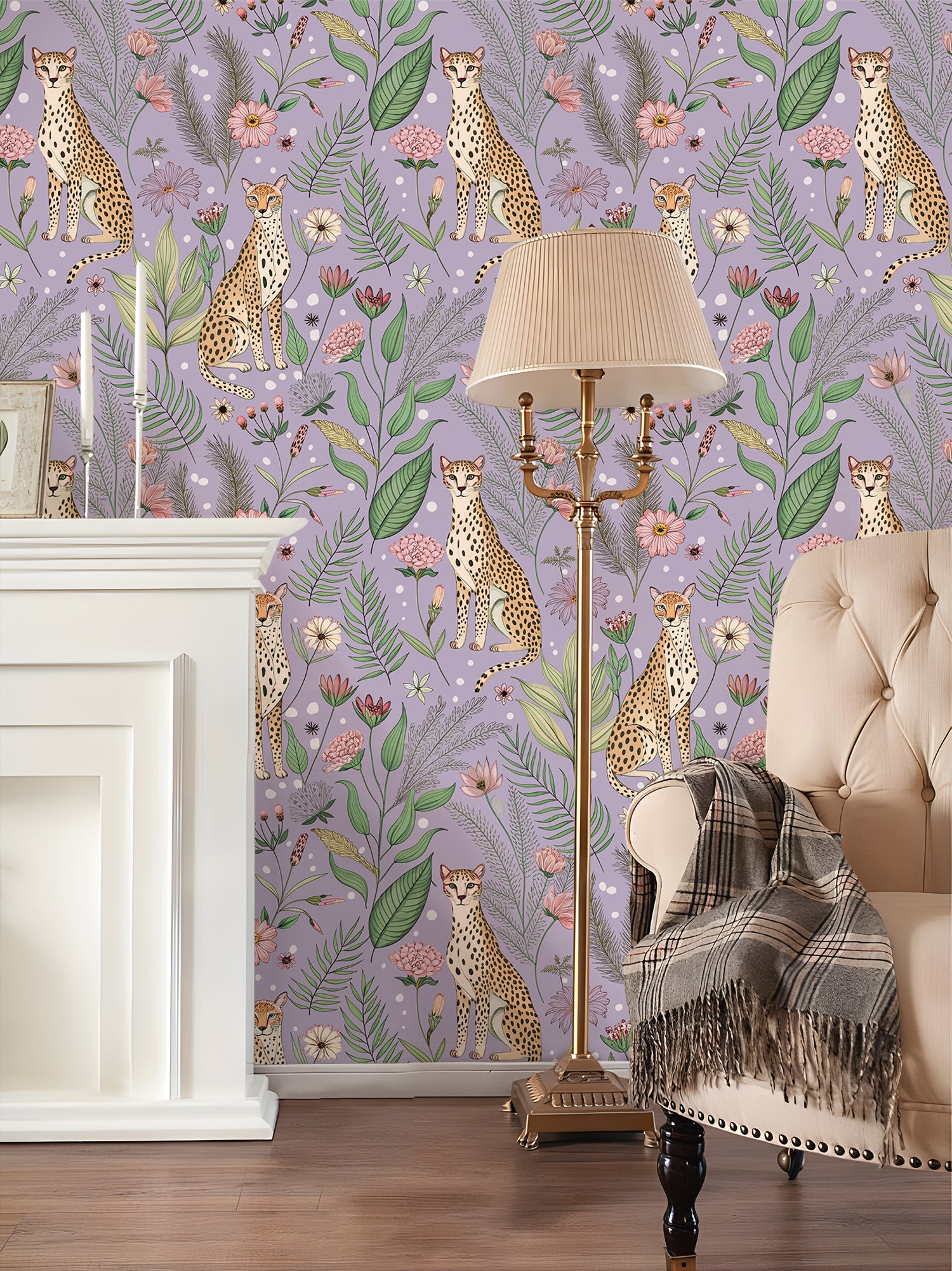 HaokHome Peel and Stick Purple Cheetah Wallpaper – Jungle Floral Removable Wall Mural for Kids Room, Nursery, or Playroom