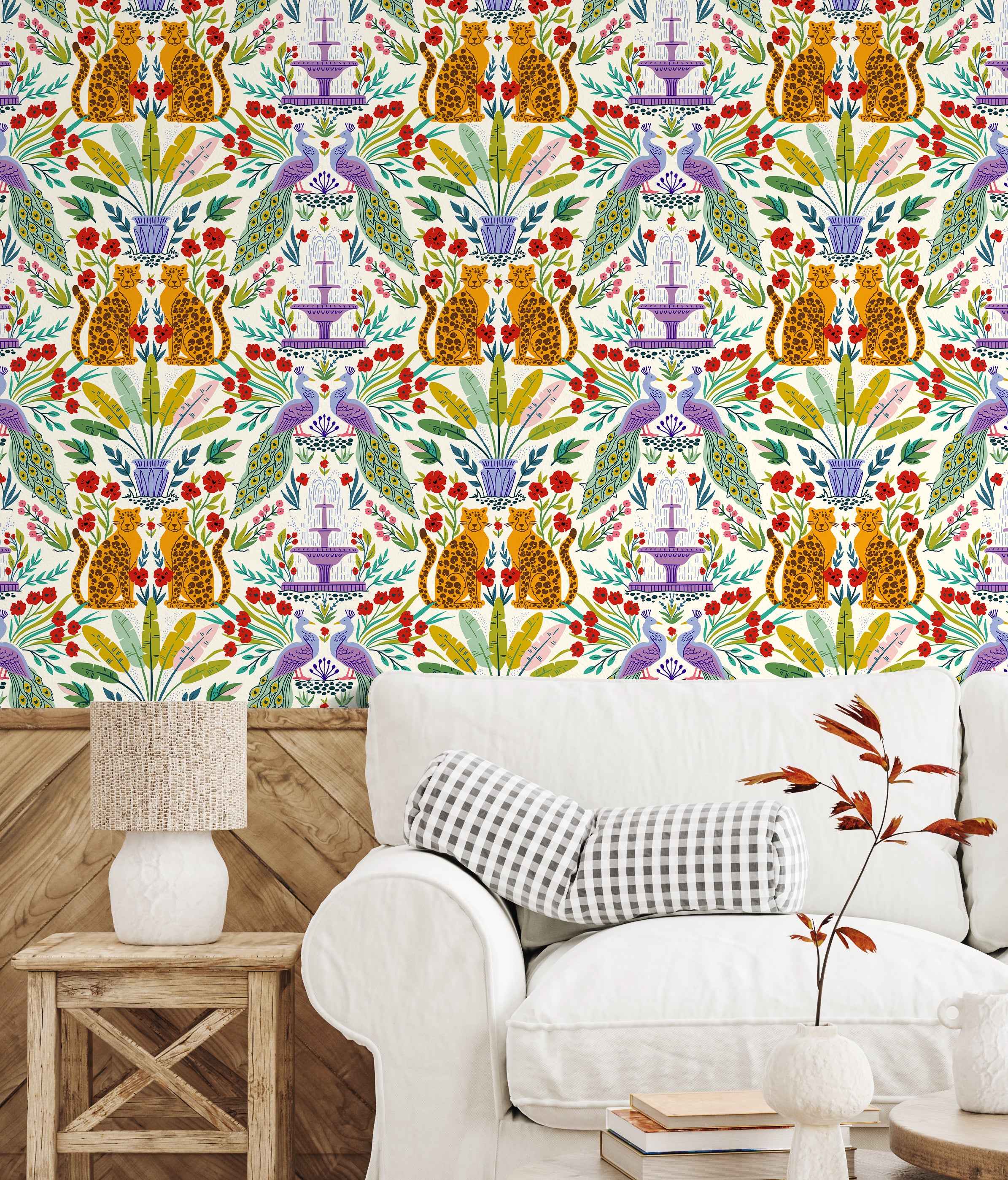 HaokHome Peel and Stick Tropical Bohemian Wallpaper Leopard Peacock Removable Mural Wall Decor for Bedroom Living Room