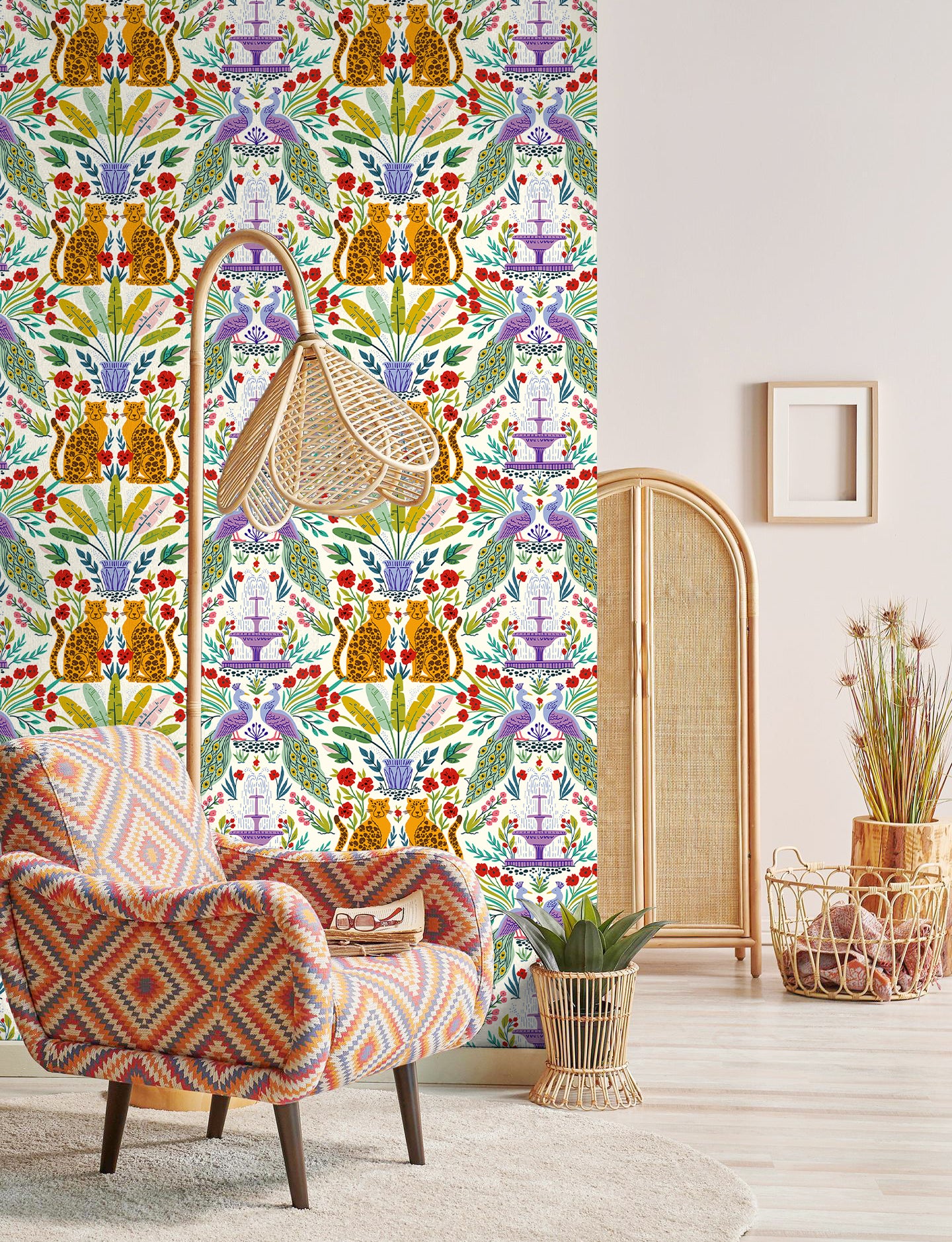 HaokHome Peel and Stick Tropical Bohemian Wallpaper Leopard Peacock Removable Mural Wall Decor for Bedroom Living Room