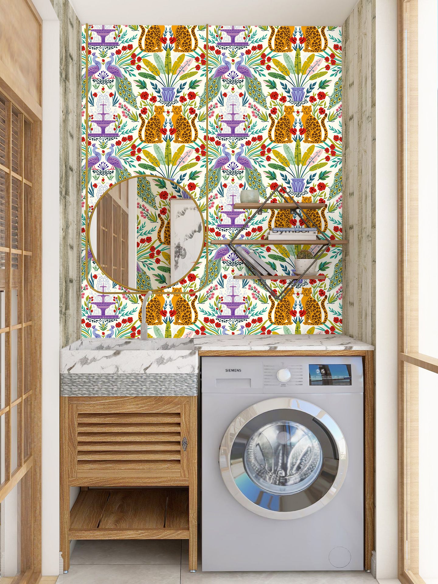 HaokHome Peel and Stick Tropical Bohemian Wallpaper Leopard Peacock Removable Mural Wall Decor for Bedroom Living Room