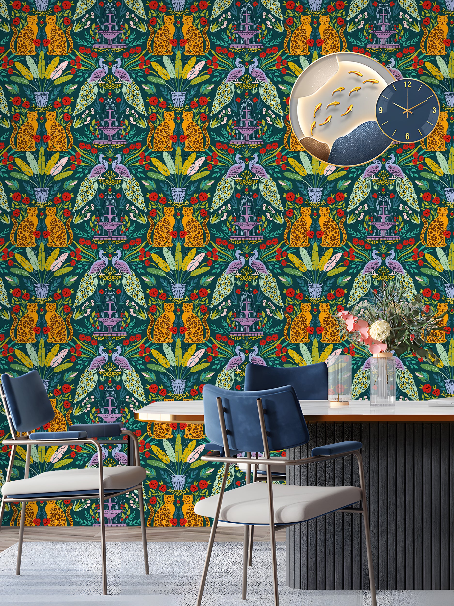 HaokHome Peel and Stick Tropical Jungle Cheetah Peacock Wallpaper Green Wall Mural Removable Wall Decor for Bedroom Living Room