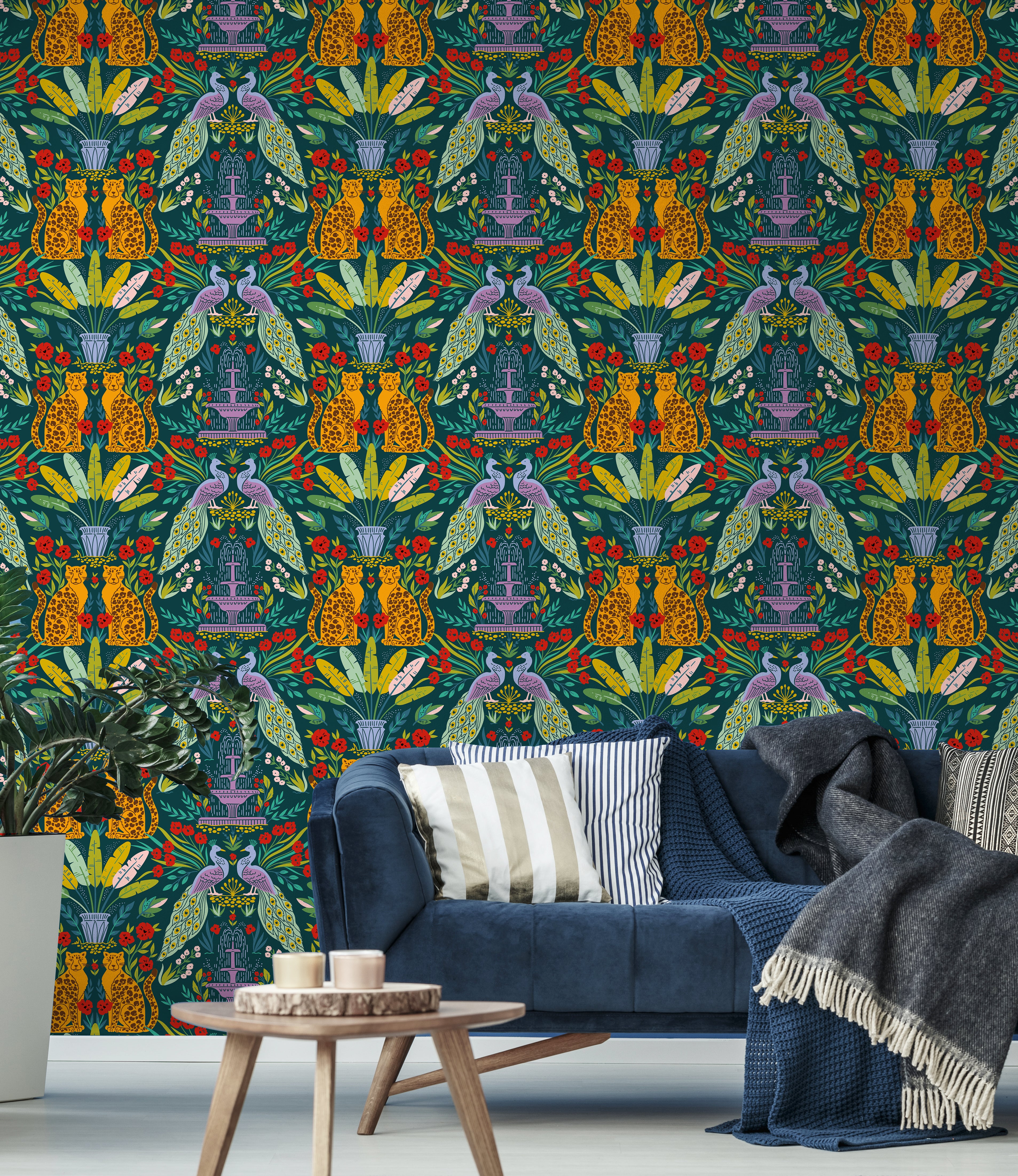 HaokHome Peel and Stick Tropical Jungle Cheetah Peacock Wallpaper Green Wall Mural Removable Wall Decor for Bedroom Living Room