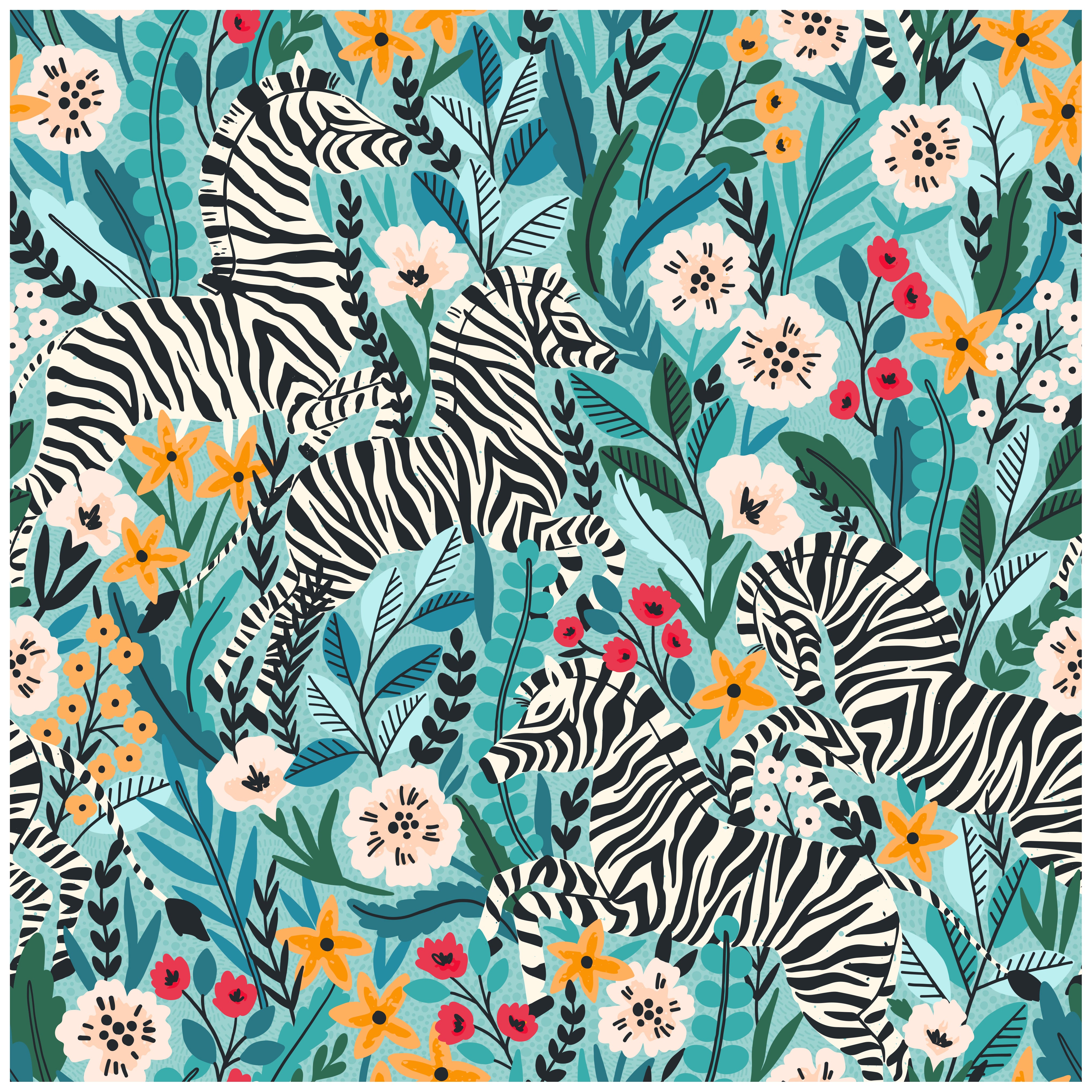 HaokHome Peel and Stick Tropical Zebra Botanical Wallpaper Blue Green Wall Mural Removable Wall Decor for Bedroom Living Room