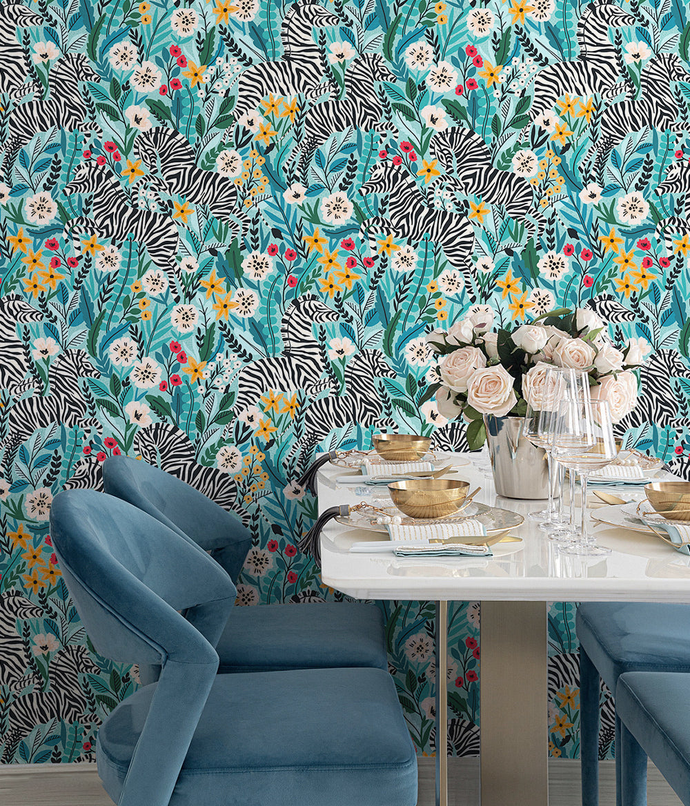 HaokHome Peel and Stick Tropical Zebra Botanical Wallpaper Blue Green Wall Mural Removable Wall Decor for Bedroom Living Room