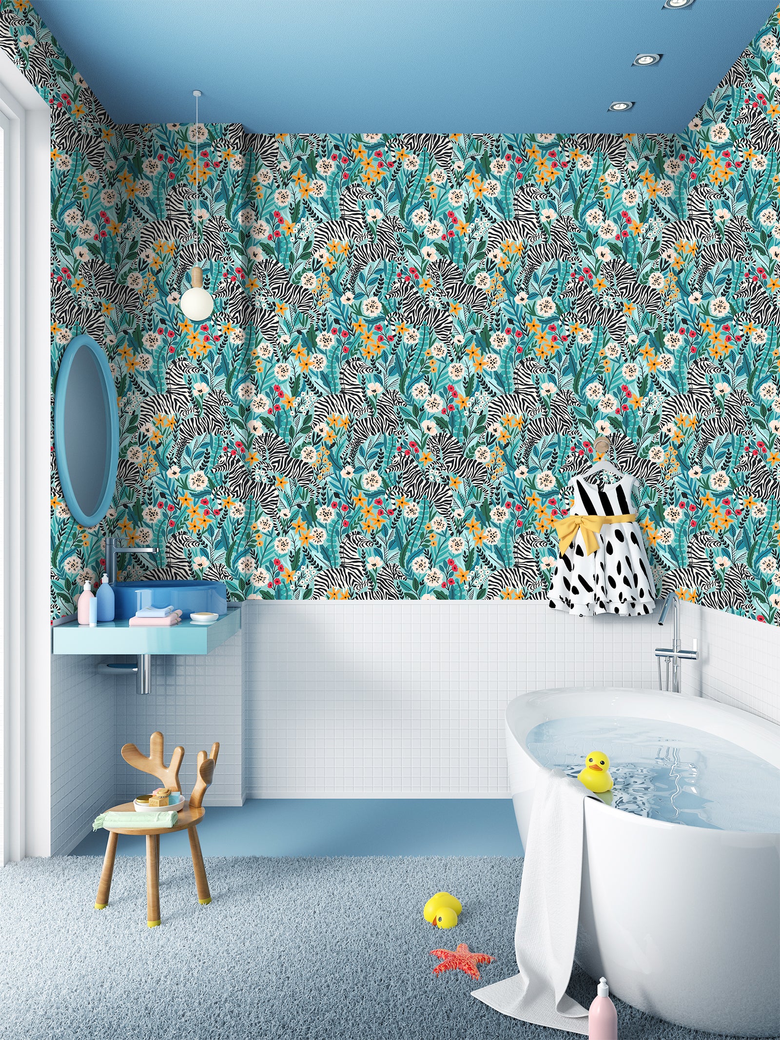 HaokHome Peel and Stick Tropical Zebra Botanical Wallpaper Blue Green Wall Mural Removable Wall Decor for Bedroom Living Room