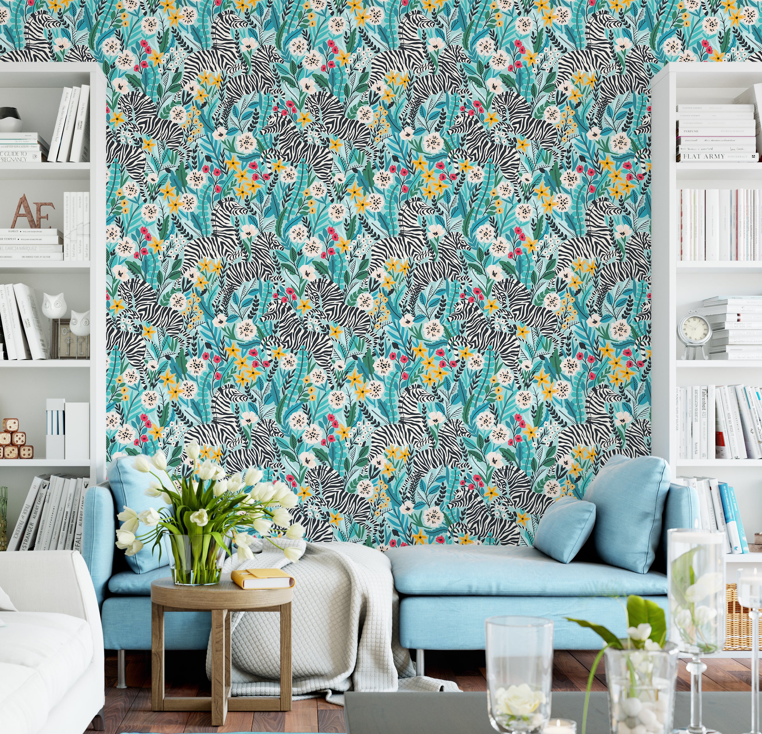 HaokHome Peel and Stick Tropical Zebra Botanical Wallpaper Blue Green Wall Mural Removable Wall Decor for Bedroom Living Room