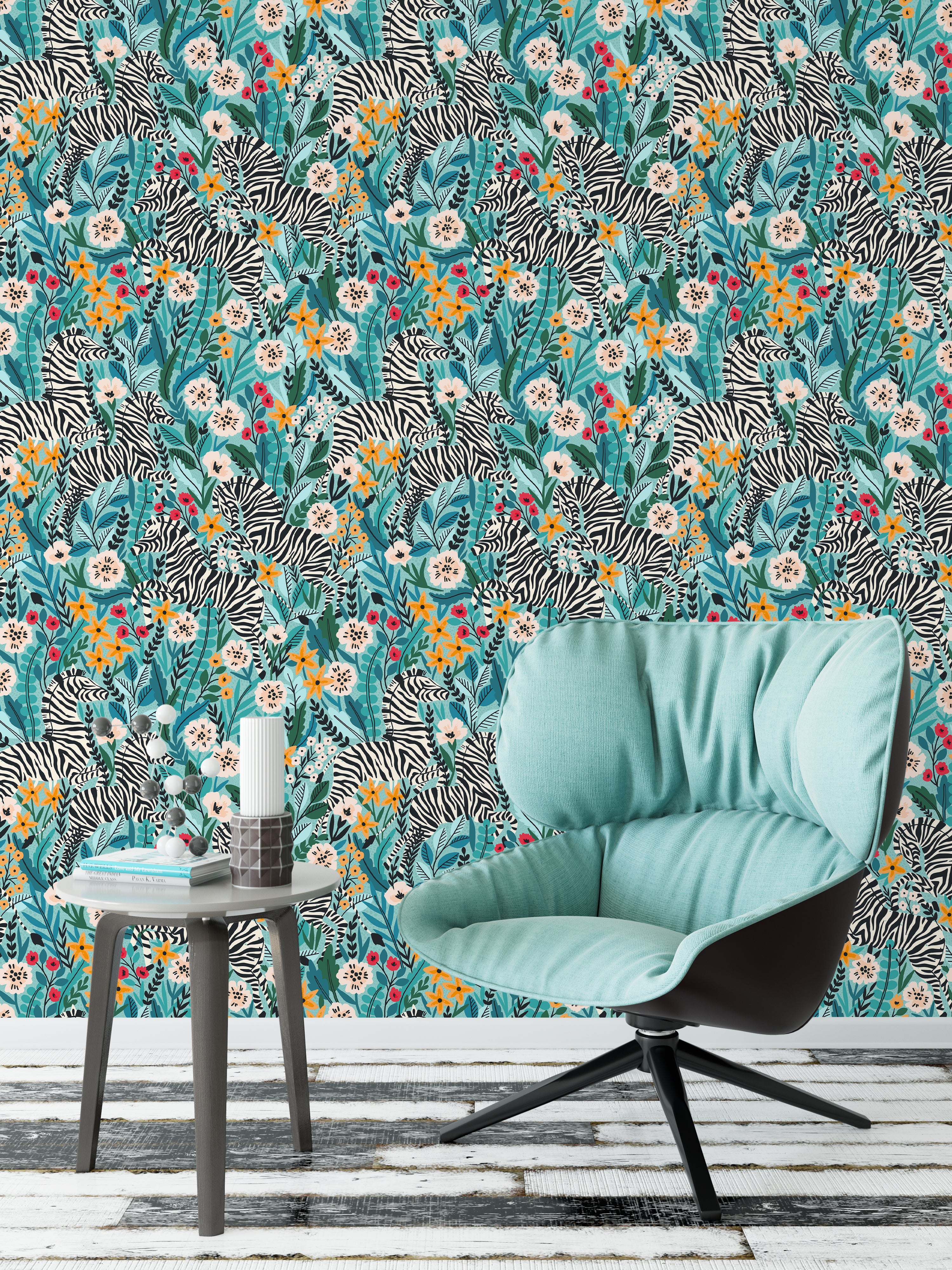 HaokHome Peel and Stick Tropical Zebra Botanical Wallpaper Blue Green Wall Mural Removable Wall Decor for Bedroom Living Room