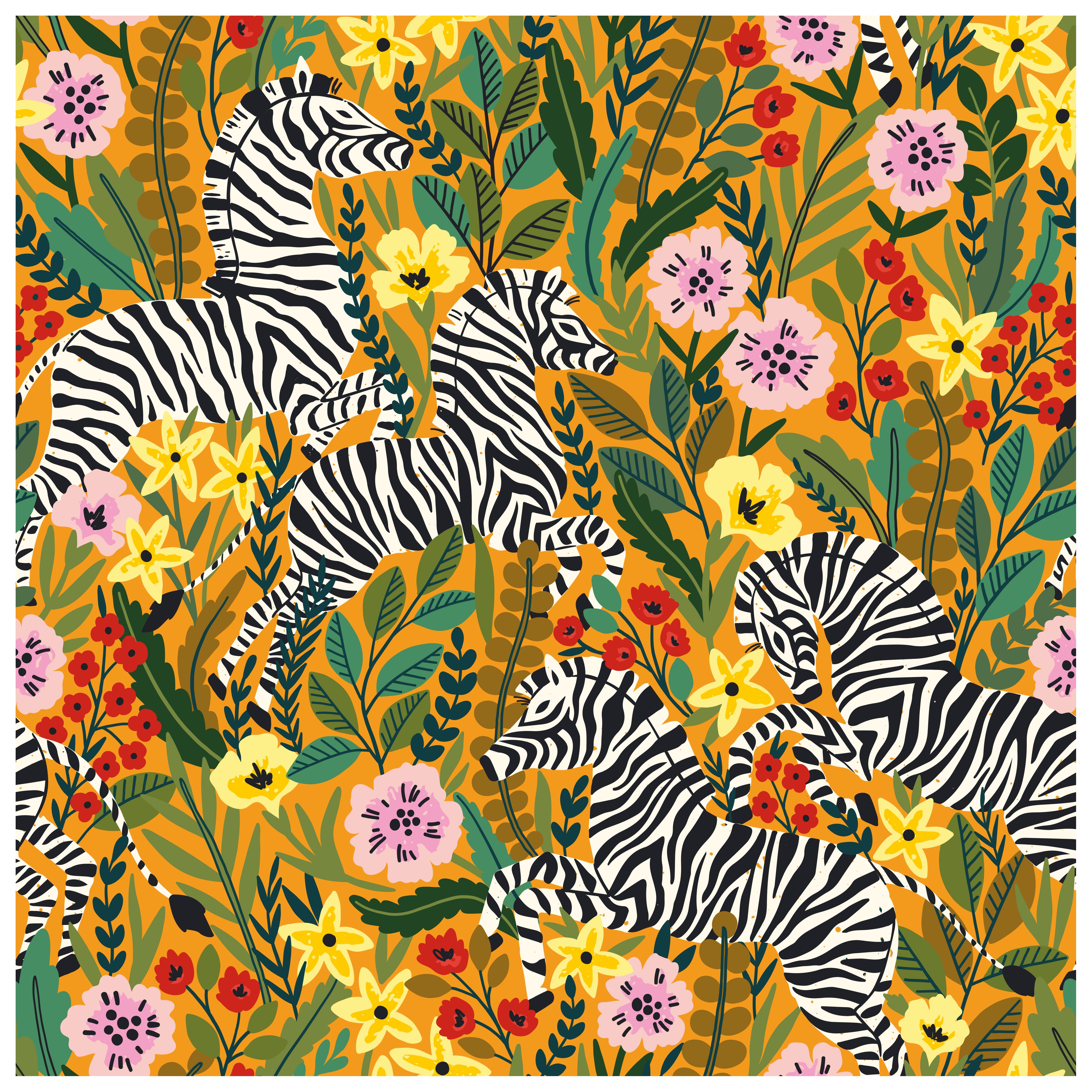 HaokHome Peel and Stick Tropical Zebra Botanical Wallpaper Yellow Pink Green Wall Mural Removable Wall Decor for Bedroom Living Room