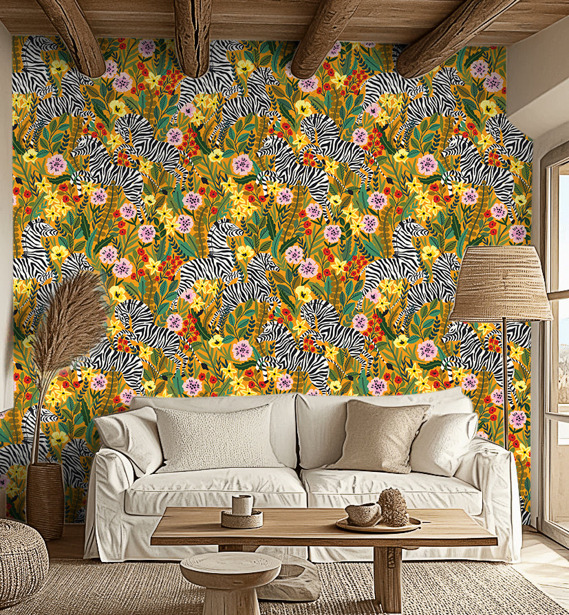 HaokHome Peel and Stick Tropical Zebra Botanical Wallpaper Yellow Pink Green Wall Mural Removable Wall Decor for Bedroom Living Room
