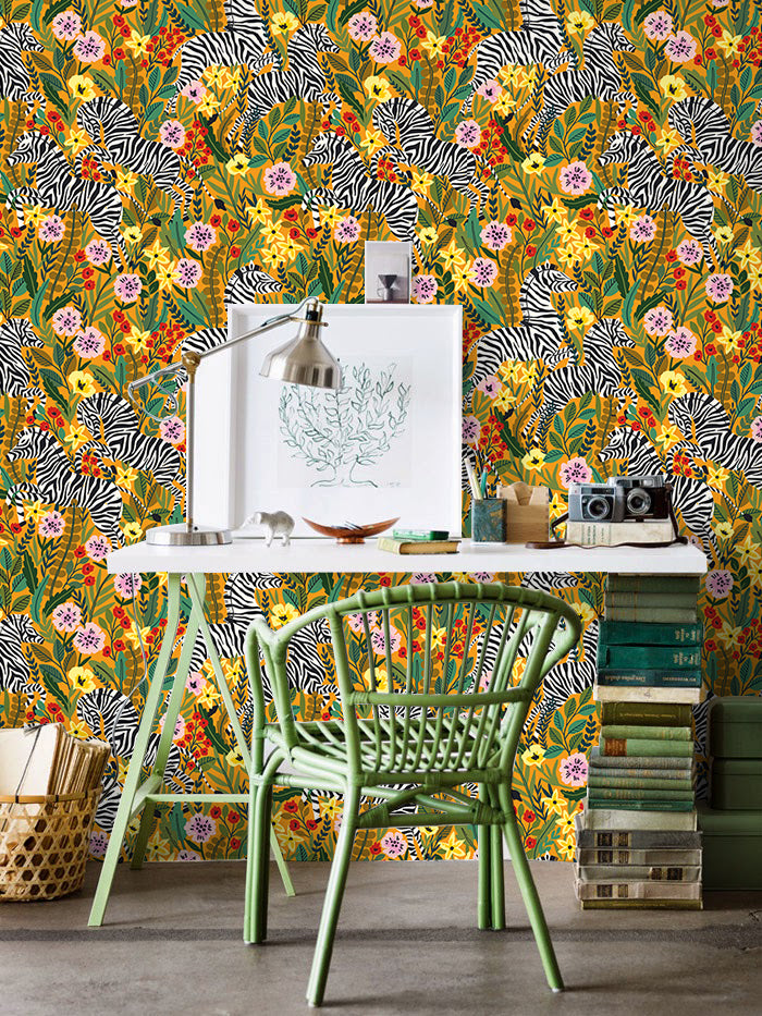 HaokHome Peel and Stick Tropical Zebra Botanical Wallpaper Yellow Pink Green Wall Mural Removable Wall Decor for Bedroom Living Room