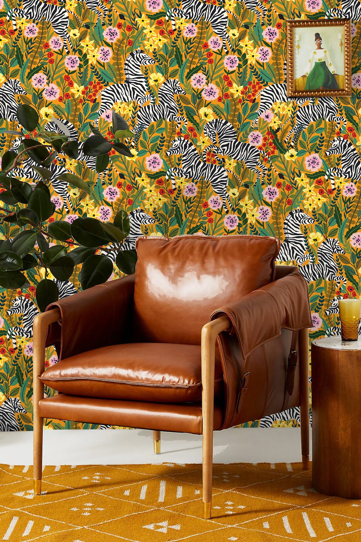 HaokHome Peel and Stick Tropical Zebra Botanical Wallpaper Yellow Pink Green Wall Mural Removable Wall Decor for Bedroom Living Room