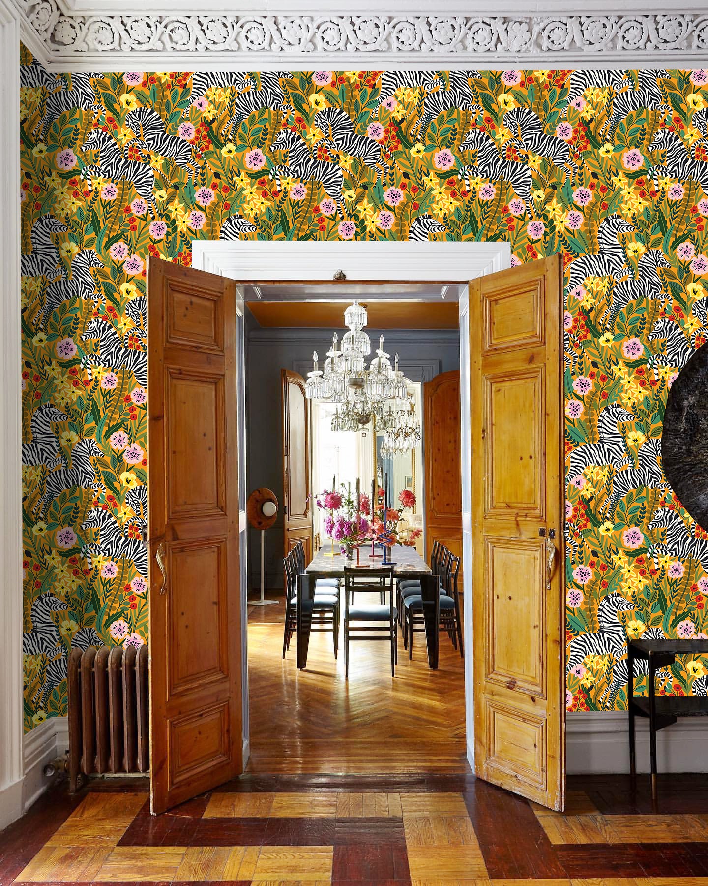 HaokHome Peel and Stick Tropical Zebra Botanical Wallpaper Yellow Pink Green Wall Mural Removable Wall Decor for Bedroom Living Room