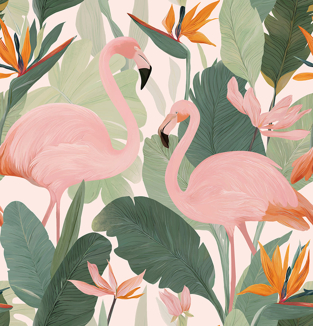 HaokHome Peel and Stick Wallpaper - Bold Tropical Flamingo & Bird of Paradise Pattern Removable Self Adhesive Wallpaper for Living Room