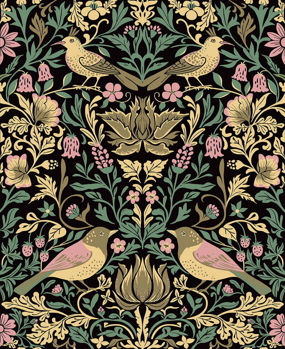 HaokHome Peel and Stick Wallpaper Black William Morris Bird Floral Wall Mural Removable Self Adhesive Moody Vintage Botanical Wallpaper
