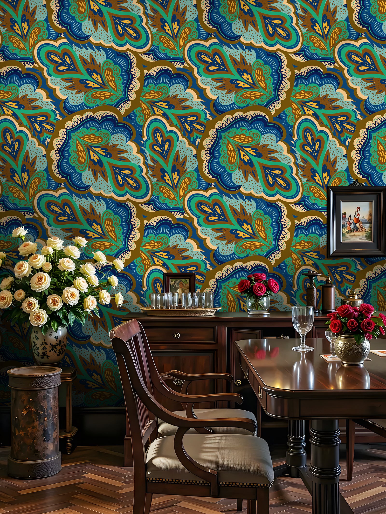 HaokHome Peel and Stick Wallpaper Blue Green Retro Paisley Floral Pattern Wall Mural Removable Vinyl Self Adhesive Wallpaper for Bedroom Living Room Boho Decor