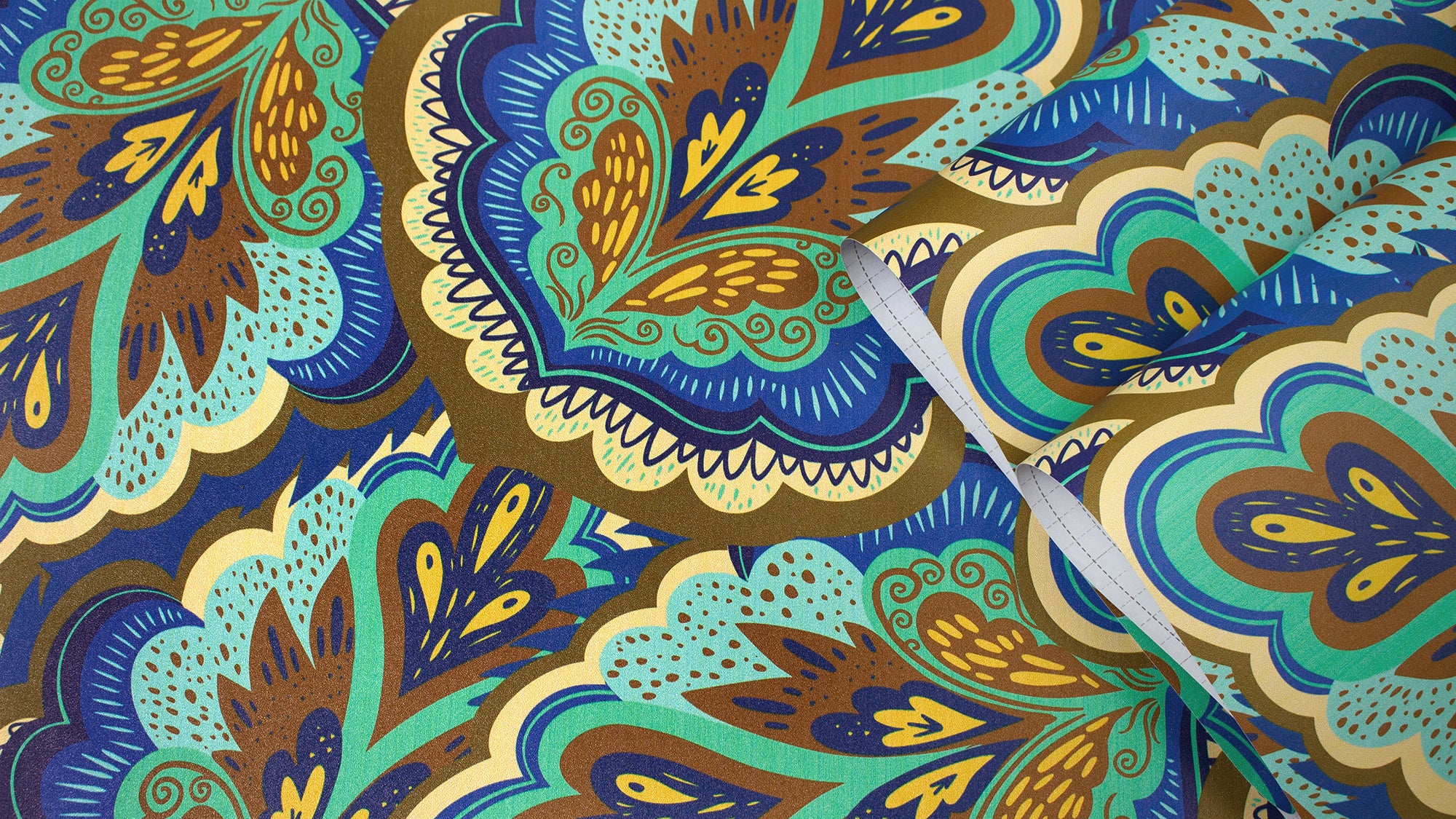 HaokHome Peel and Stick Wallpaper Blue Green Retro Paisley Floral Pattern Wall Mural Removable Vinyl Self Adhesive Wallpaper for Bedroom Living Room Boho Decor